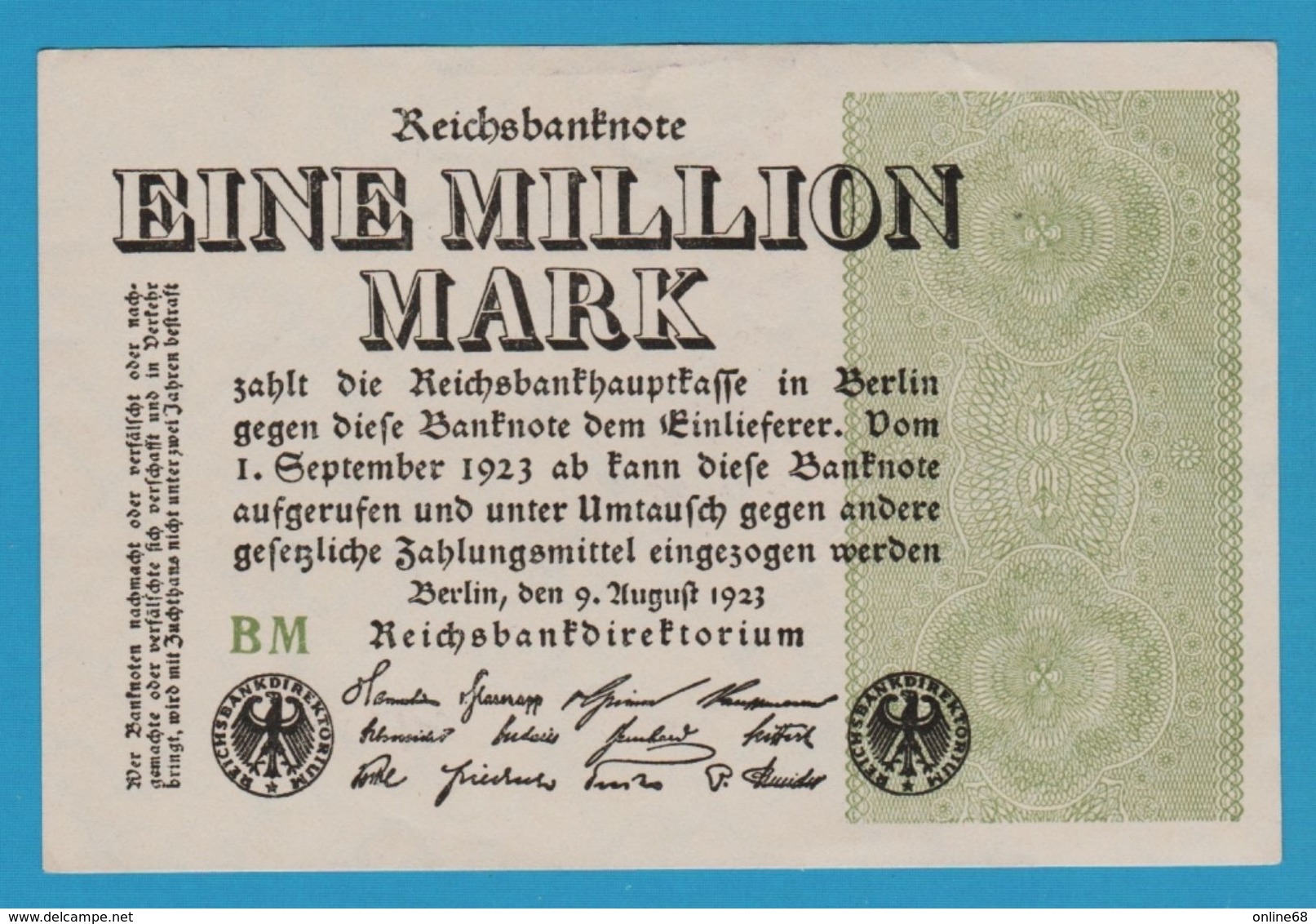 DEUTSCHES REICH 			1 Million Mark	09.08.1923	SERIE BM	 P# 102c - 1 Million Mark