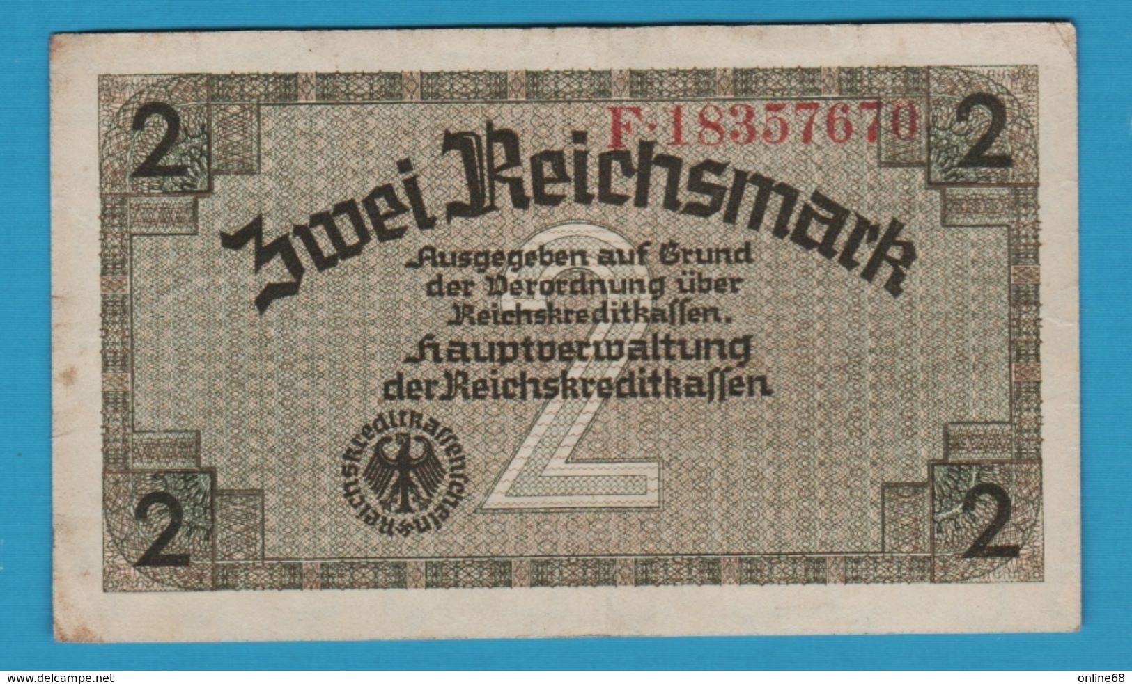 DEUTSCHES REICH 		2 Reichsmark  	(1940-1945)	No F.18357670	 P# R137b  8 Digit Serial # - Sonstige & Ohne Zuordnung