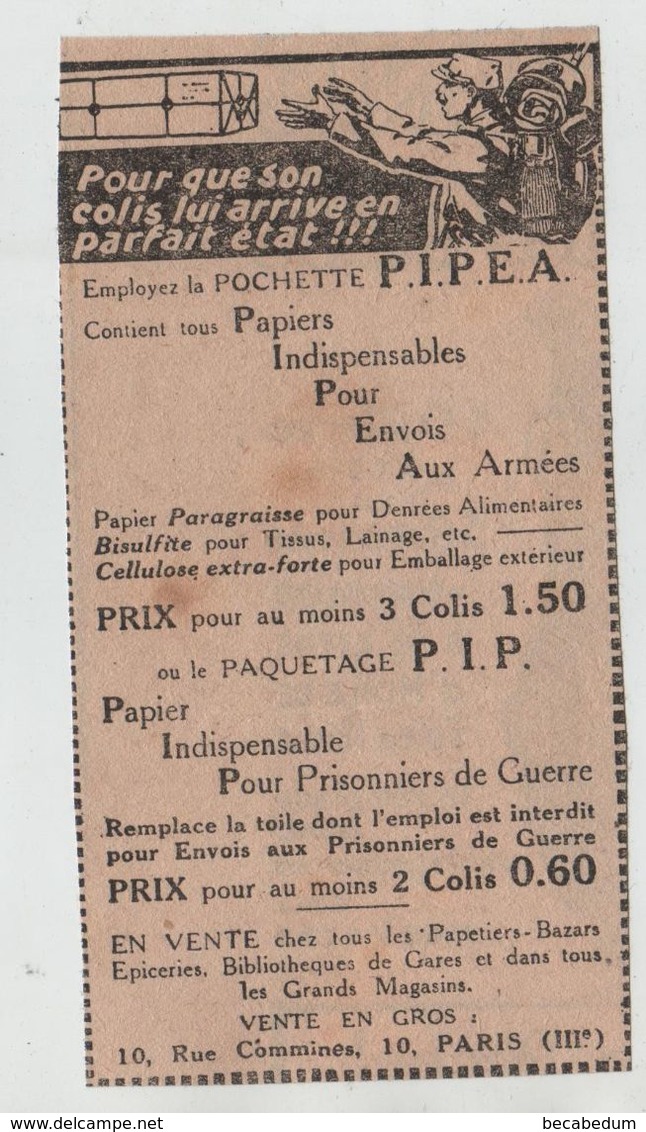 Publicité Pipéa Pochette Colis Prisonniers De Guerre Paris Soldats - 1914-18