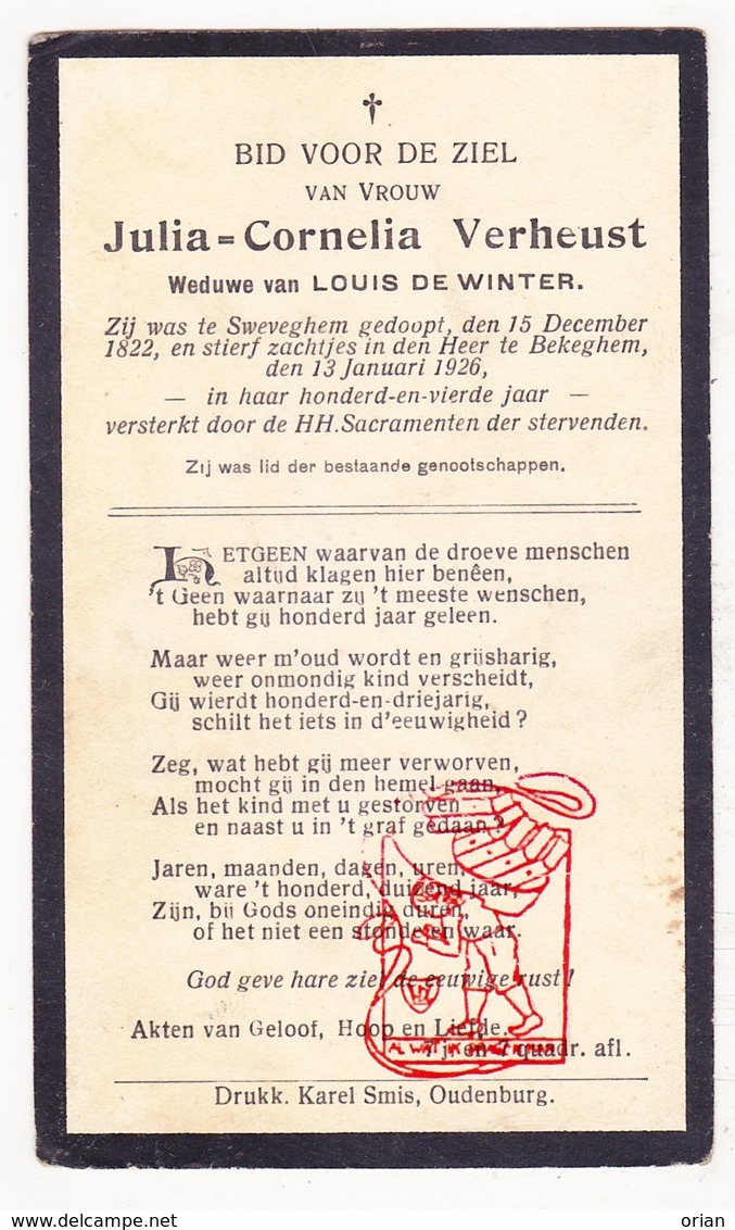 DP 100 Honderdjarige - Julia Cornelia Verheust ° Zwevegem 1822 † Bekegem Ichtegem 1926 X Louis De Winter - Images Religieuses