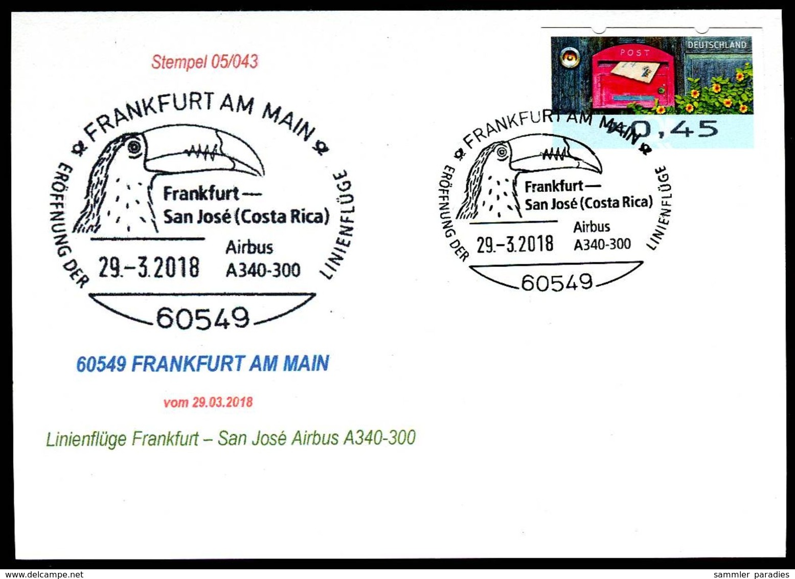 84018) BRD - SoST-Karte 05/043 - 60549 FRANKFURT A M Vom 29.03.2018 - Tukan-Kopf, FFM-San José Eröffnungsflug A340-300 - Frankeermachines (EMA)