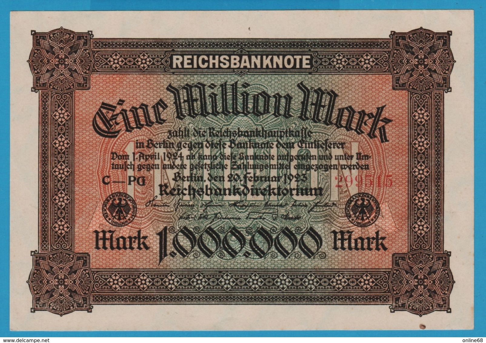 DEUTSCHES REICH 	1.000.000 Mark	20.02.1923	No C-PG  299515  P# 86a - 1 Mio. Mark