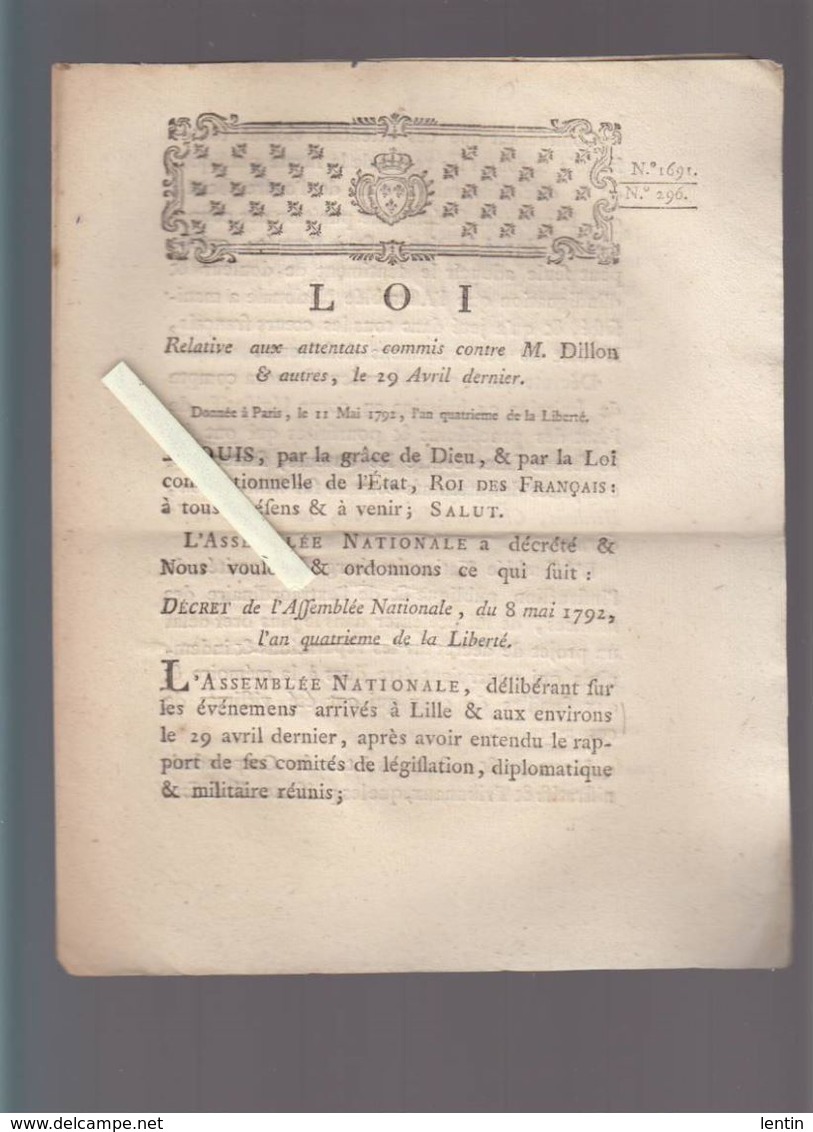 Histoire - Loi 1792 Relative Aux Attentats Contre Dillon, Berthois, Chaumont...  à Lille & Environs Le 29 Avril Dernier - Historische Dokumente