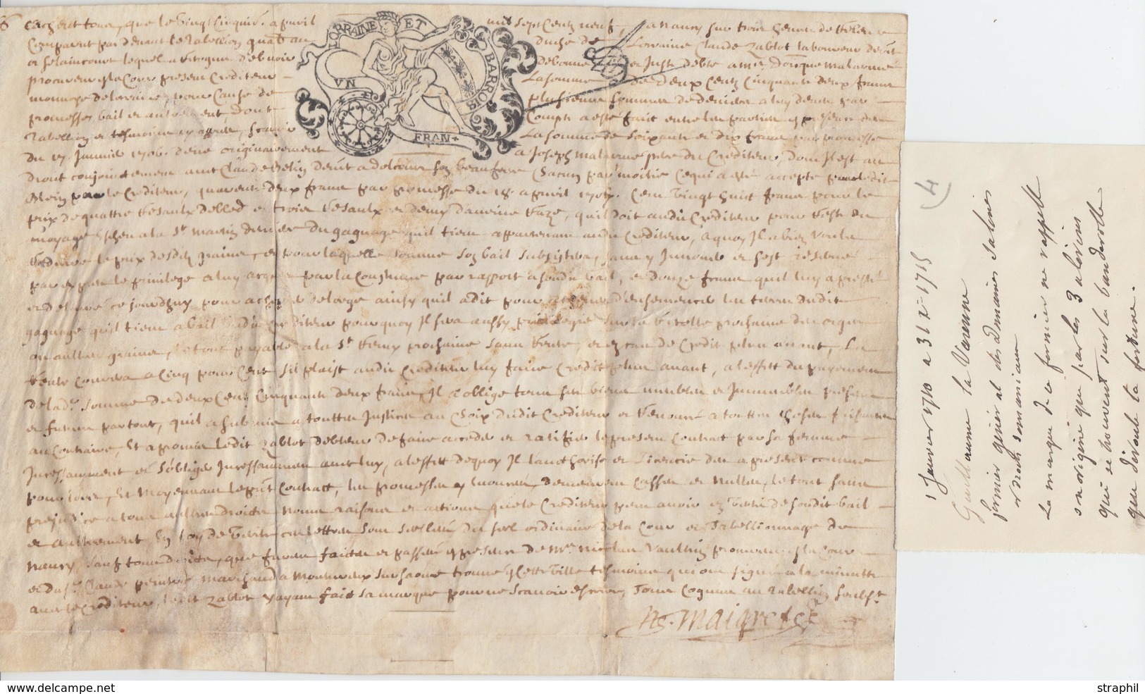 DOC 1710 - Parchemin Manuscrit (173 X 233) Avec Estampille Illust. "La Fortune Déroulant Banderolle" Lorraine Et Barrois - ....-1700: Précurseurs