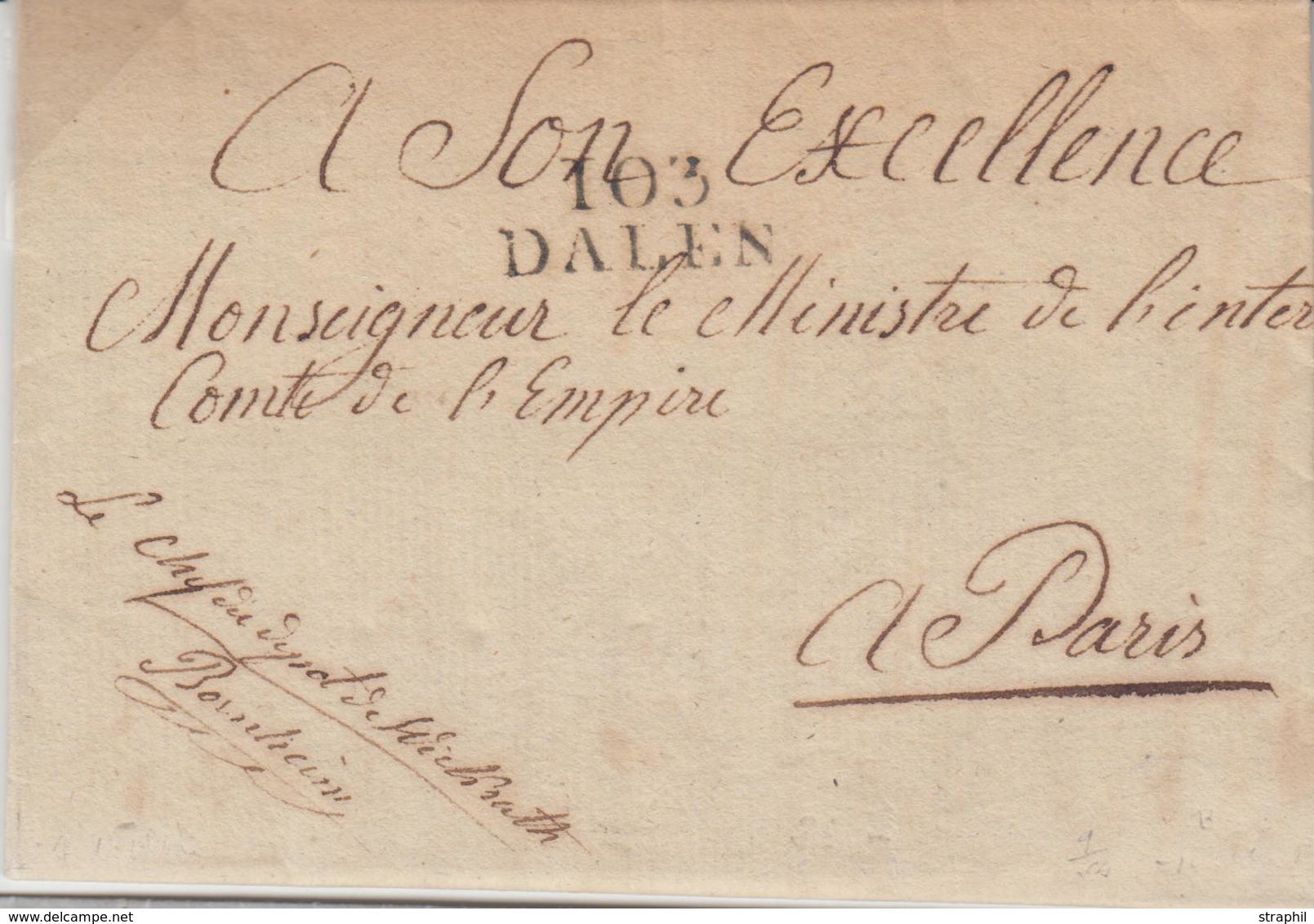 LAC 103 DALEN - S/pli De Wickrath - Dépôt D'Etalons - Dépt De La Roër - 15 JANV 1872 - Au Verso Joli Cachet Illustré Ave - 1801-1848: Precursors XIX