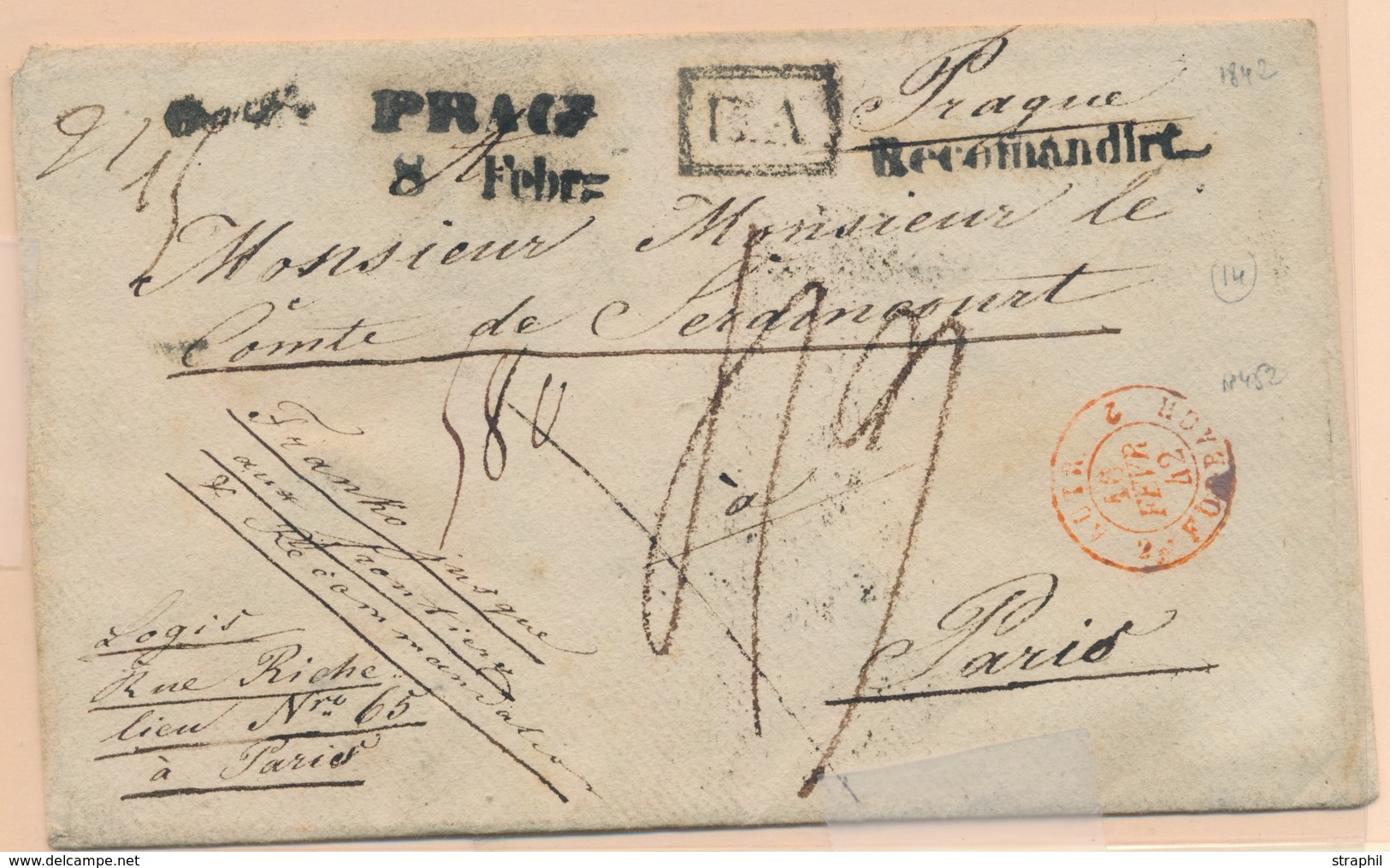 L N°453 - Autr- Forbach 2 - 16/2/42 Rouge + Prag. + Recomandirt + Taxe Manus. - Pr Paris - TB - 1801-1848: Précurseurs XIX