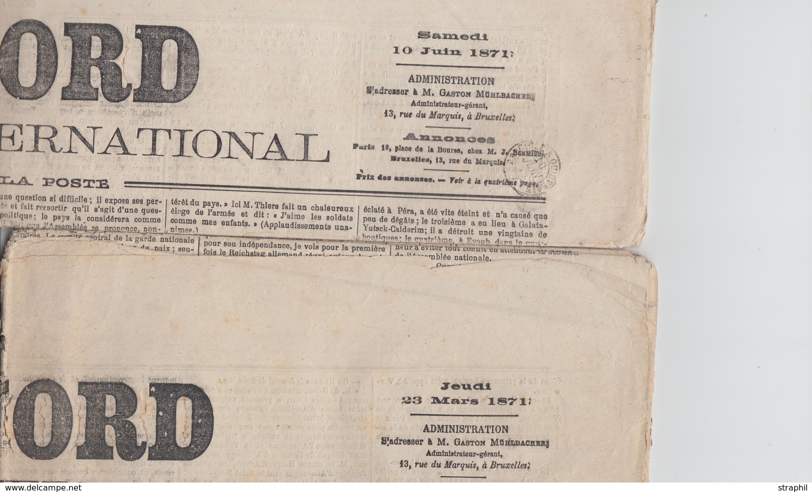 JOURN N°681, 683 - BELG à QUIVRAIN - S/2 Journaux "LE NORD" + 1 Journal Sans Cachet - Pér. 1871 - B/TB - 1801-1848: Precursores XIX