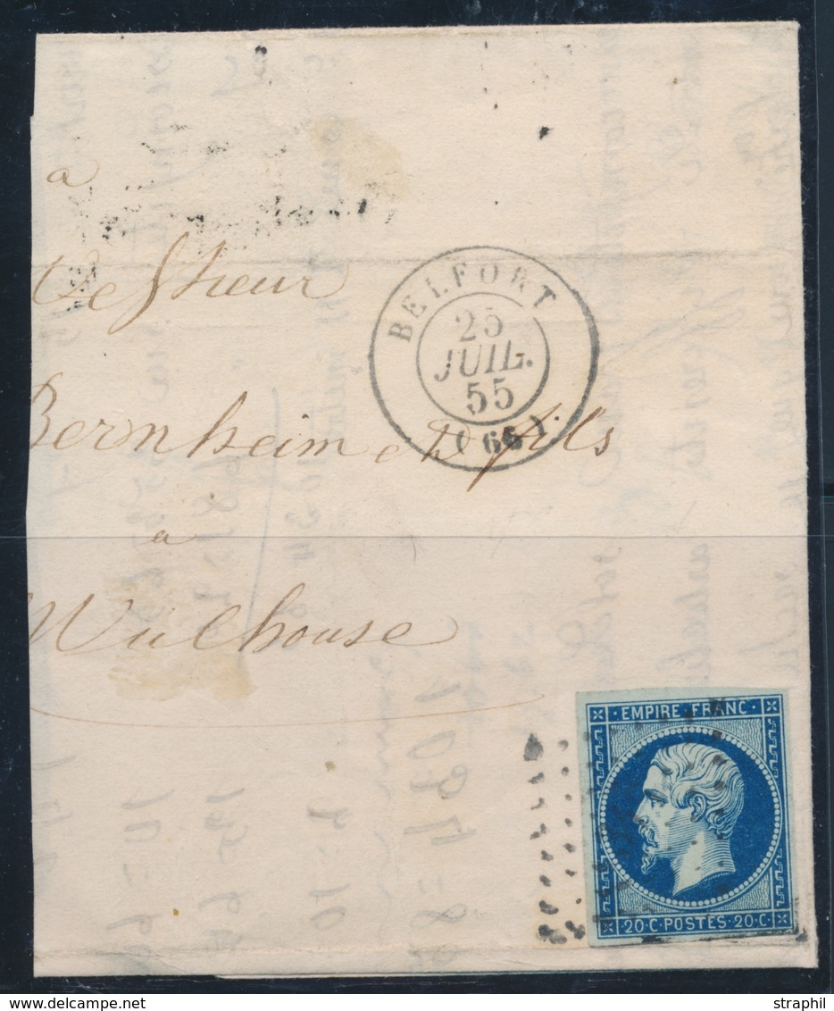 F N°14Ad - 20c Bleu Sur Vert - Obl PC 346 + T15 Belfort (66) - 25 Juil 55 - Sur Partie De Lettre - TB - 1853-1860 Napoleon III