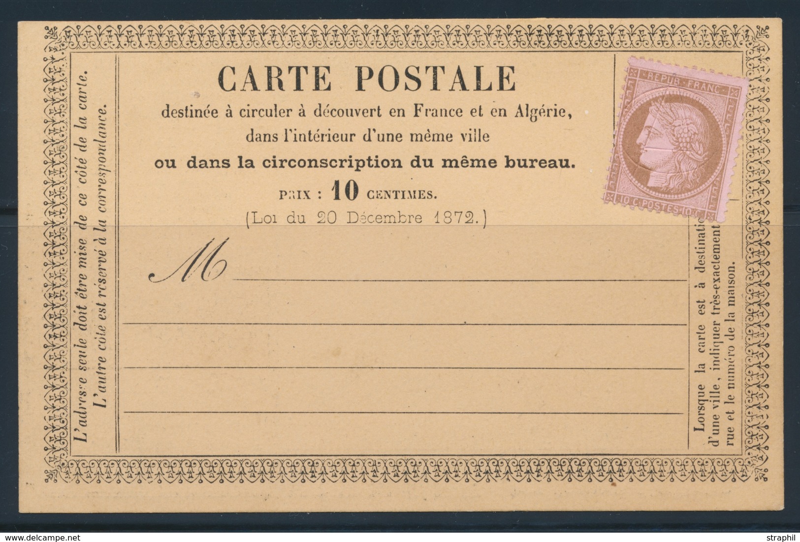 CP N°58 - 10c Brun S/rose - Perforé CA - Neuf S/carte Annonce Série 1234 - Rare - TB - 1871-1875 Ceres