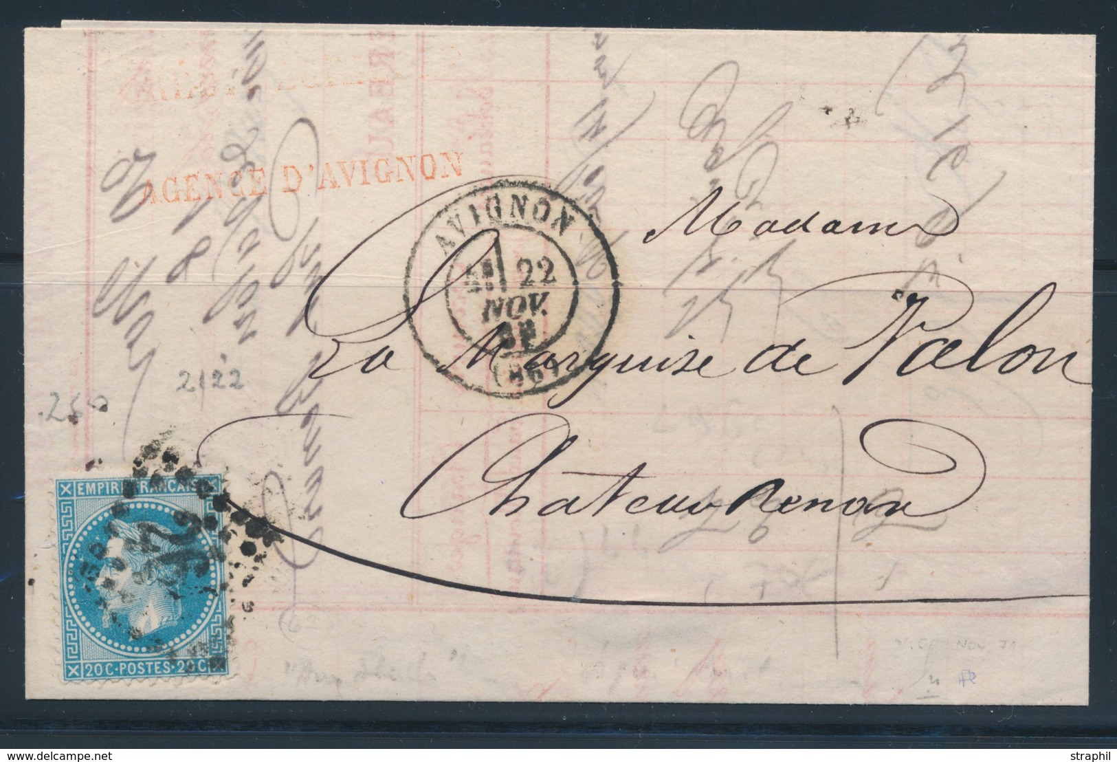 LAC N°29Bc - Aux Abeilles - Obl. G.ch.Avignon - Décompte Crédit Agricole - 22 Nov 1869 - TB - Unclassified