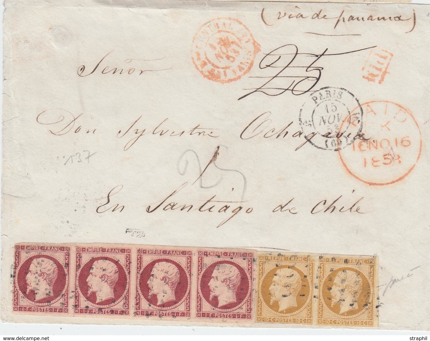 L N°9, 18g - Dble Port Pr La Cote Pacifique (4F20) - Afft Avec Paire De 10c Bistre Et Bde De 4 De 1F Velour S- Signé Cal - 1849-1876: Classic Period