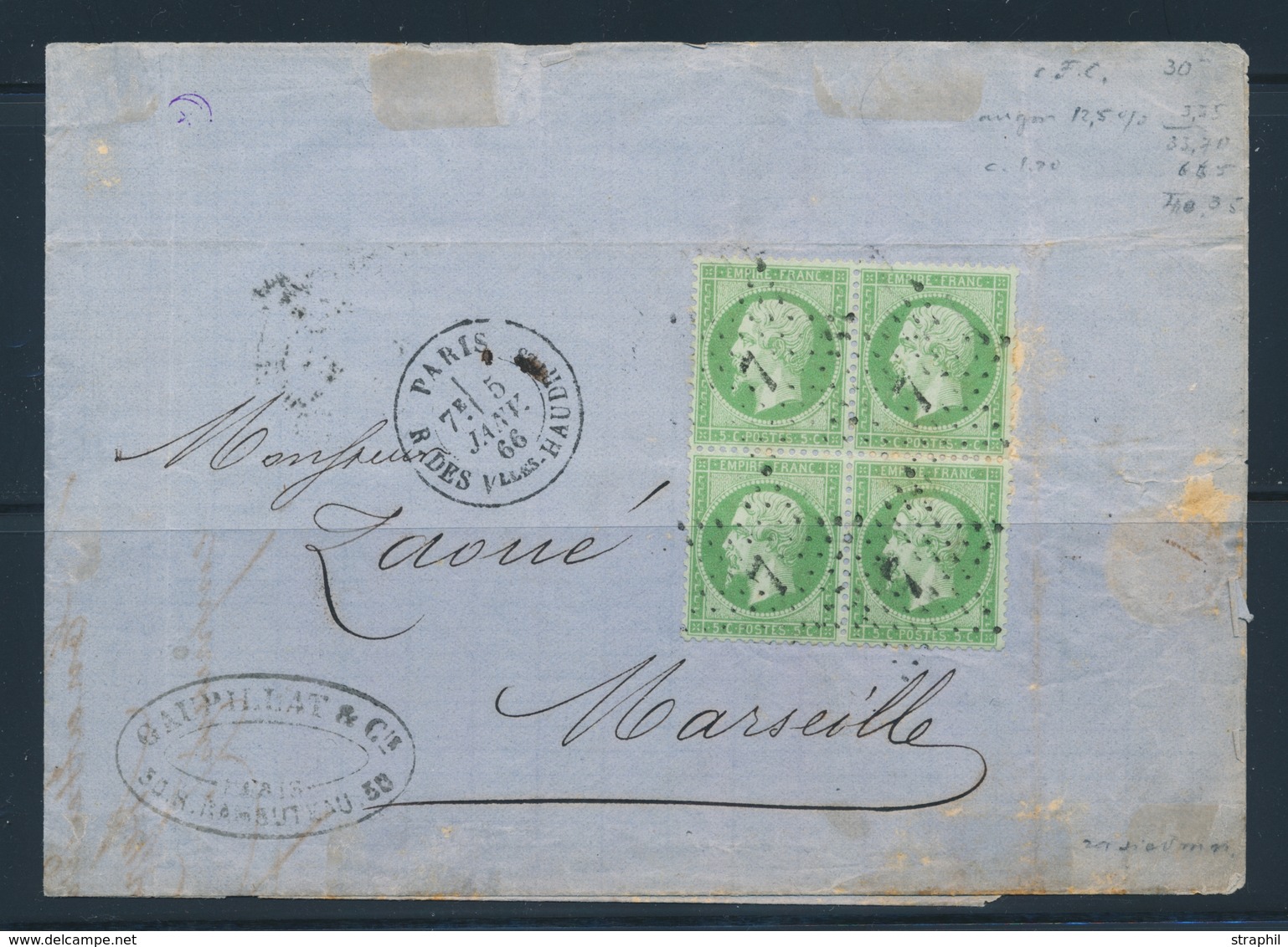 LAC N°20 - 5c Vert - Bloc De 4 - Obl. Étoile 7 - Càd Paris - 5/1/66 - 1 T. 2 Dents Courtes - Sinon TB - 1849-1876: Periodo Clásico