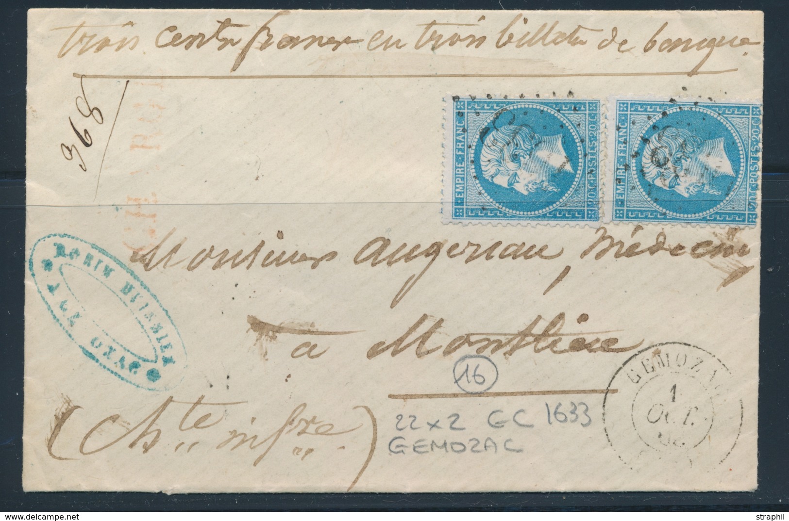 L N°22 X 2 - S/L "CHARGE" Avec Valeurs - Obl GC 1633 - Càd Gemozac 1866 - Pr Monthieu - TB - 1849-1876: Classic Period