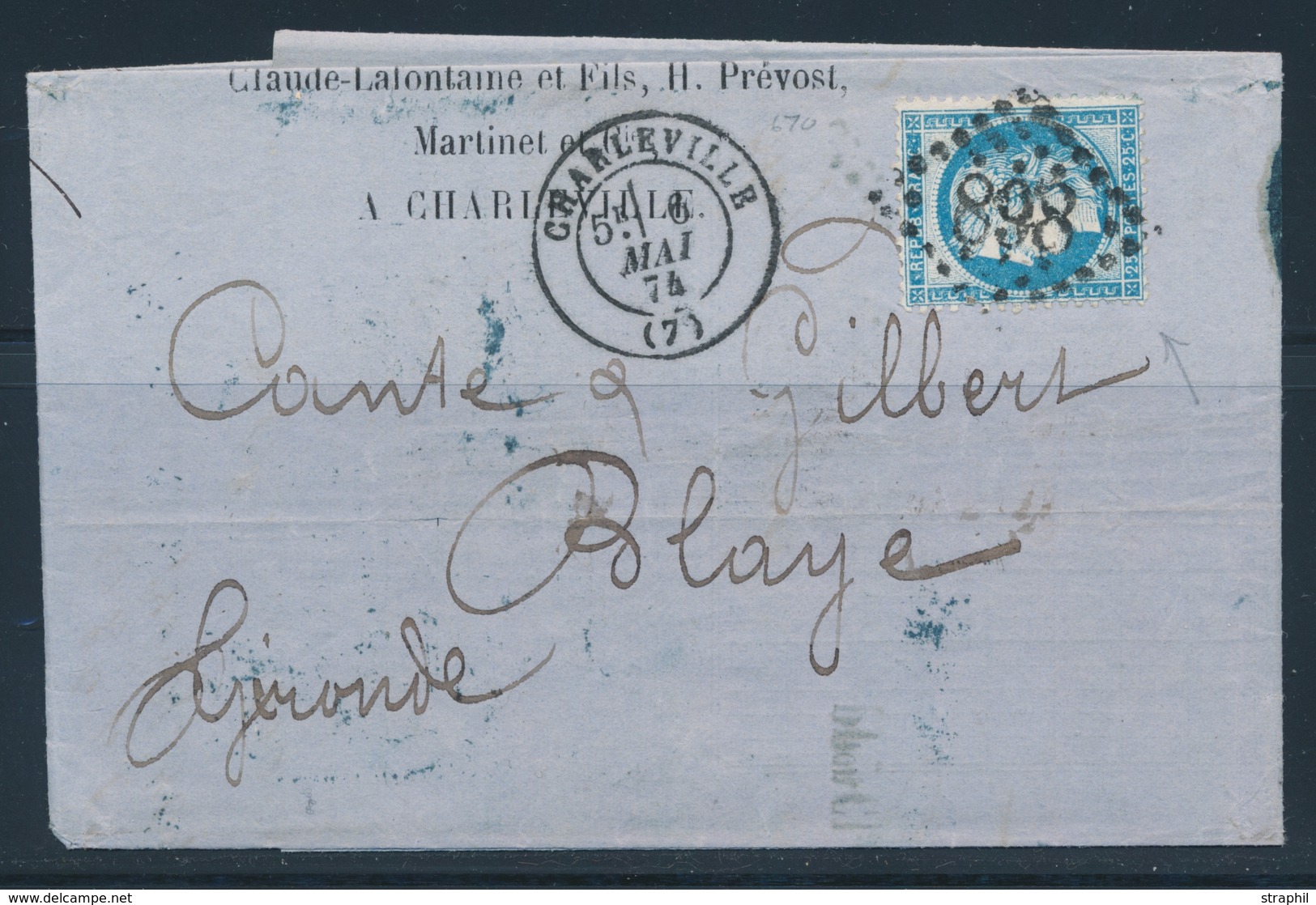 LAC N°60B - 25c Bleu - Type II - Inscription Au Verso - Entête Claude Lafontaine - 6/5/74 - TB - 1849-1876: Periodo Clásico