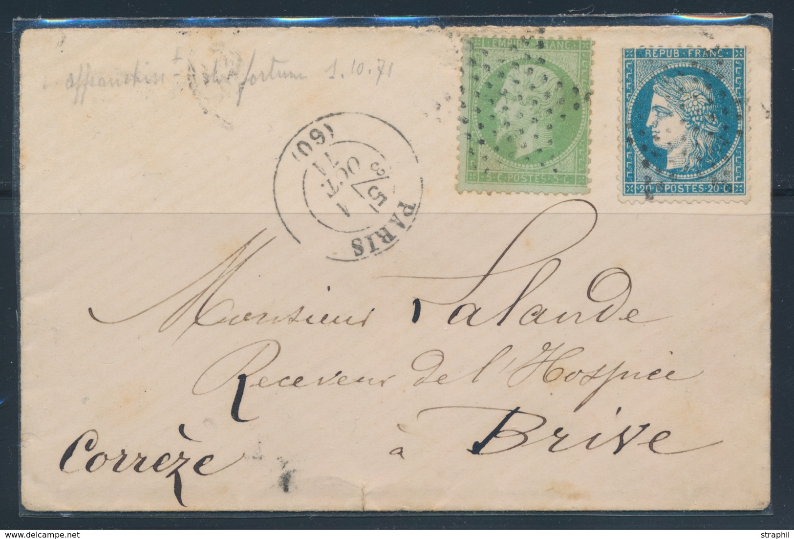 L AFFRANCHISSEMENT SEPTEMBRE 1871 N°20, 37 - Obl. Étoile Muette + Paris Levée 5 - 1/10/1871 - Pr Brive - B/TB - 1849-1876: Klassieke Periode