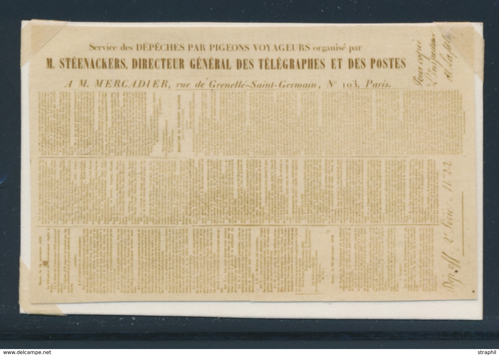 PIGEONGRAMME Dépêche Officielle N° S/papier - 2ème Série N°22 - TB - 1849-1876: Klassik