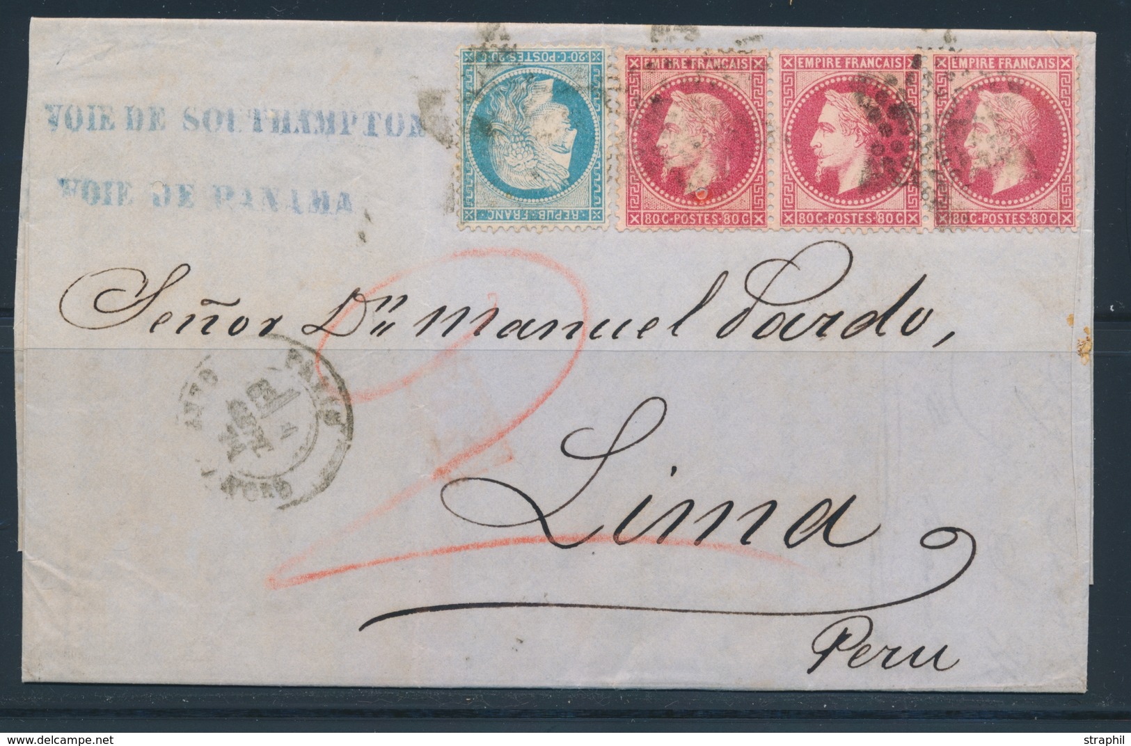 LAC N°32 Bde De 3, N°37 (afft 2F60) Obl étoile Muette - 1er Sept. 1871 - Par Voie De Southampton - Voie De Panama - Pour - Schiffspost