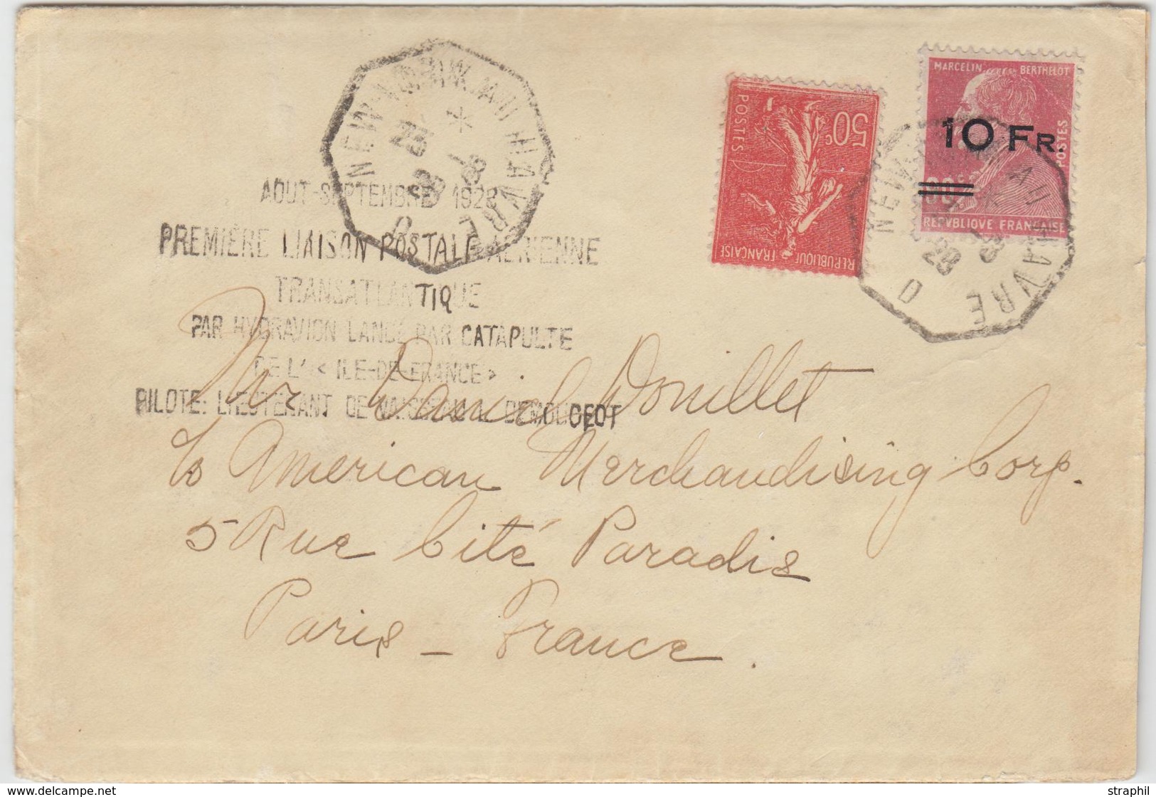 LAC N°3 - 10F S/90c Rouge - Ile De France + N°199 - Obl. Càd Octog. New-York Au Havre 23/8/29 - TB - 1927-1959 Ungebraucht