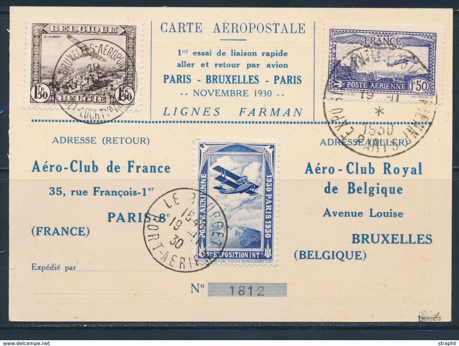 CP N°6c - Obl. Grd Cachet Expo PARIS 19/11/1930 - S/carte Aéropostale + T. Belge - Obl. Bruxelles - TB - 1927-1959 Nuevos