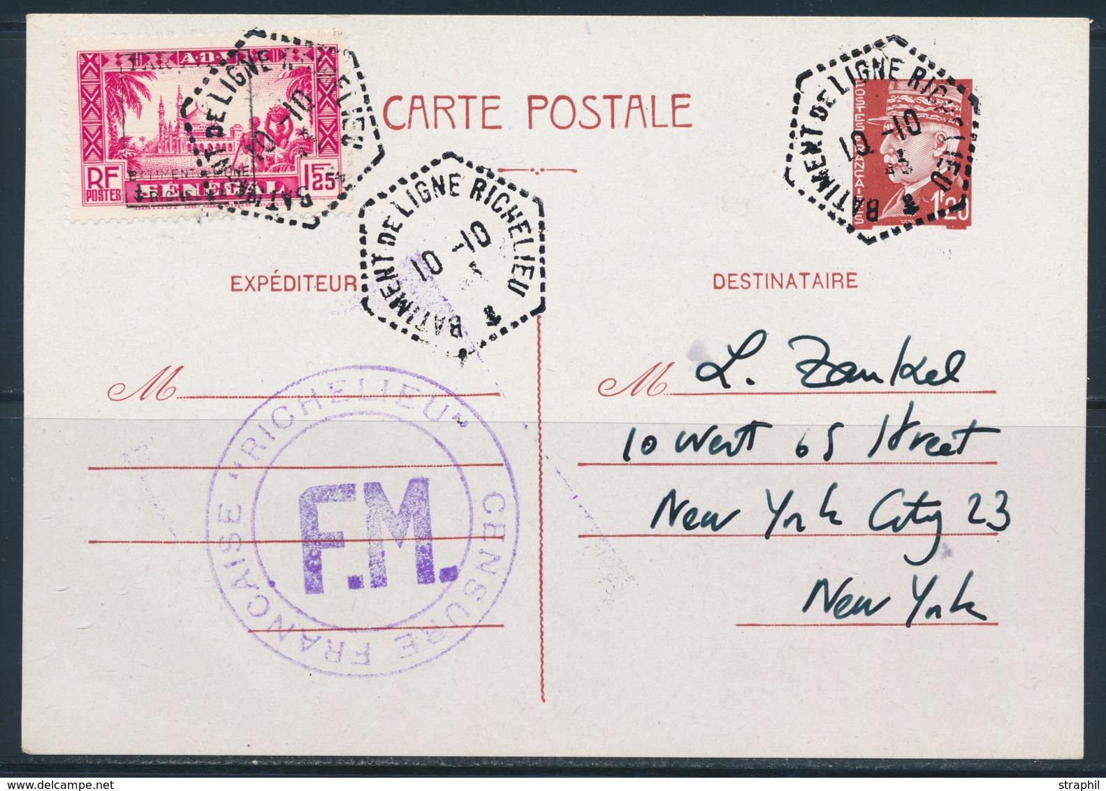 EP N°3 - Obl. Hexag. Batiment De Ligne Richelieu - 10/10/43 +  Sénégal N°15 - 1F25 Rouge + Censure - TB - Military Airmail