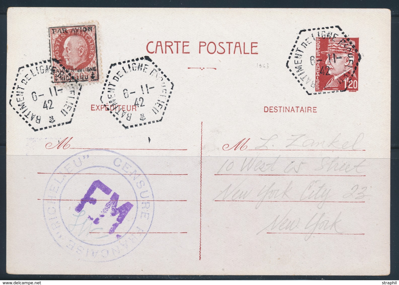 CP N°3 - Obl. Batiment De Ligne - RICHELIEU - 6/11/42 - Certificat D'Expertise A. RENDON - TB - Militärische Luftpost