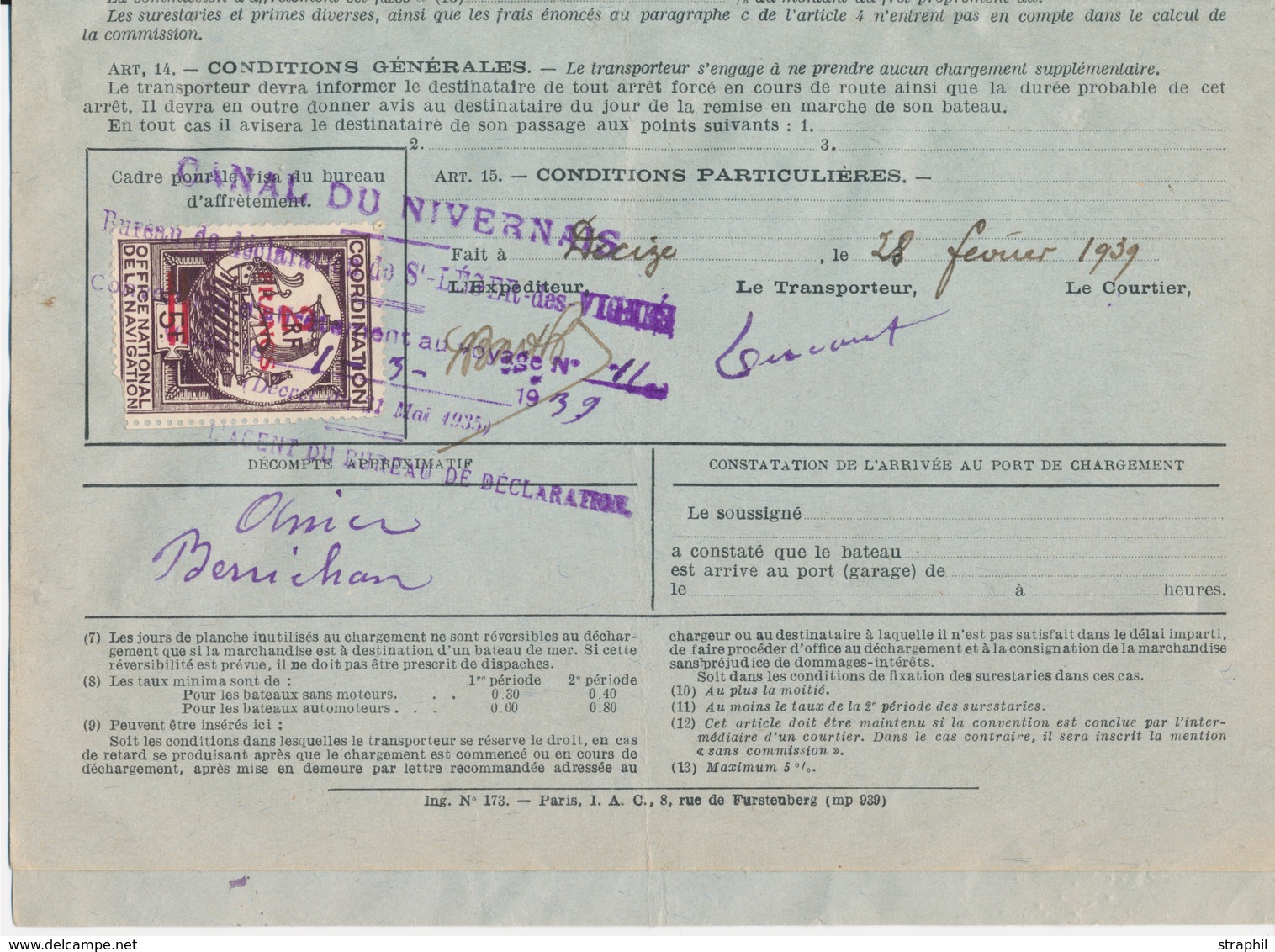 LAC COORDINATION - N°2 - Surch. 2F S/5F - S/Convention D'Affrètement Au Voyage - Canal Du Nivernais - 1/3/1939 - B/TB - Autres & Non Classés