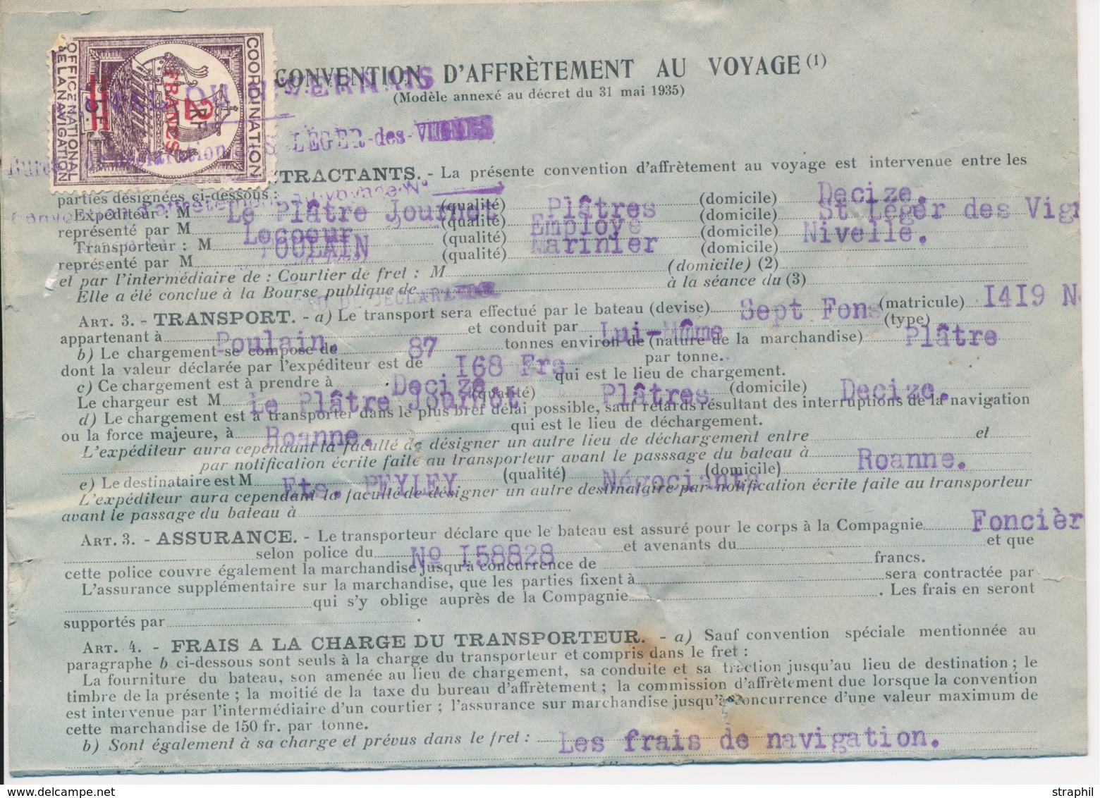 LAC COORDINATION - N°2 - Surch. 2F S/5F - S/Convention D'Affrètement Au Voyage - Canal Du Nivernais - 9/3/1939 - B/TB - Andere & Zonder Classificatie