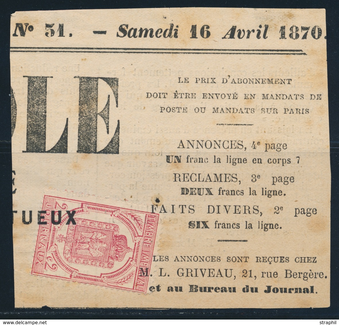 F N°9 - S/grd Fgt "Petit Echo De Rome" - 20 Fév. 1870 - TB - Zeitungsmarken (Streifbänder)