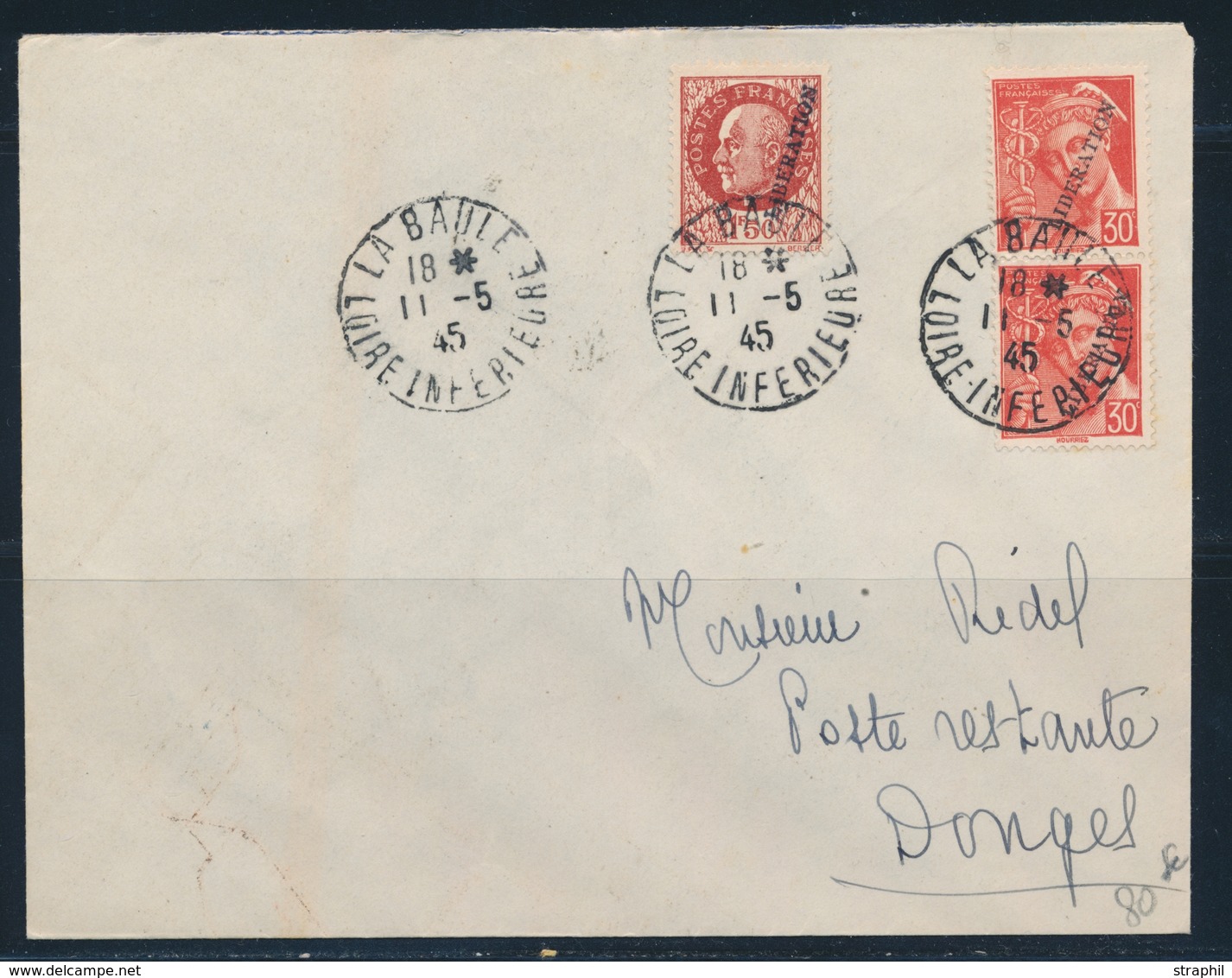 L POCHE DE SAINT NAZAIRE - Pli De La Baule Les Pins - 11/5/45 - Afft à 2F10 (Pétain + Mercure) - Pr Donges - TB - War Stamps