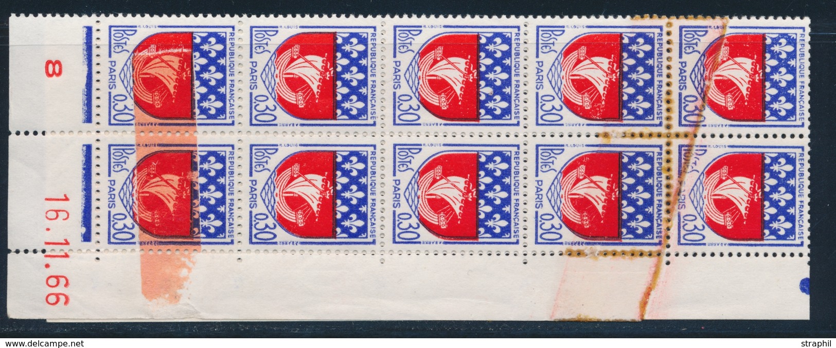 ** N°1354B - Bloc Vertic. De 10 - Daté 16/11/66 - 2 T. Avec Impression S/Raccord + 2 T. Imprimés S/sommet - TB - Unused Stamps