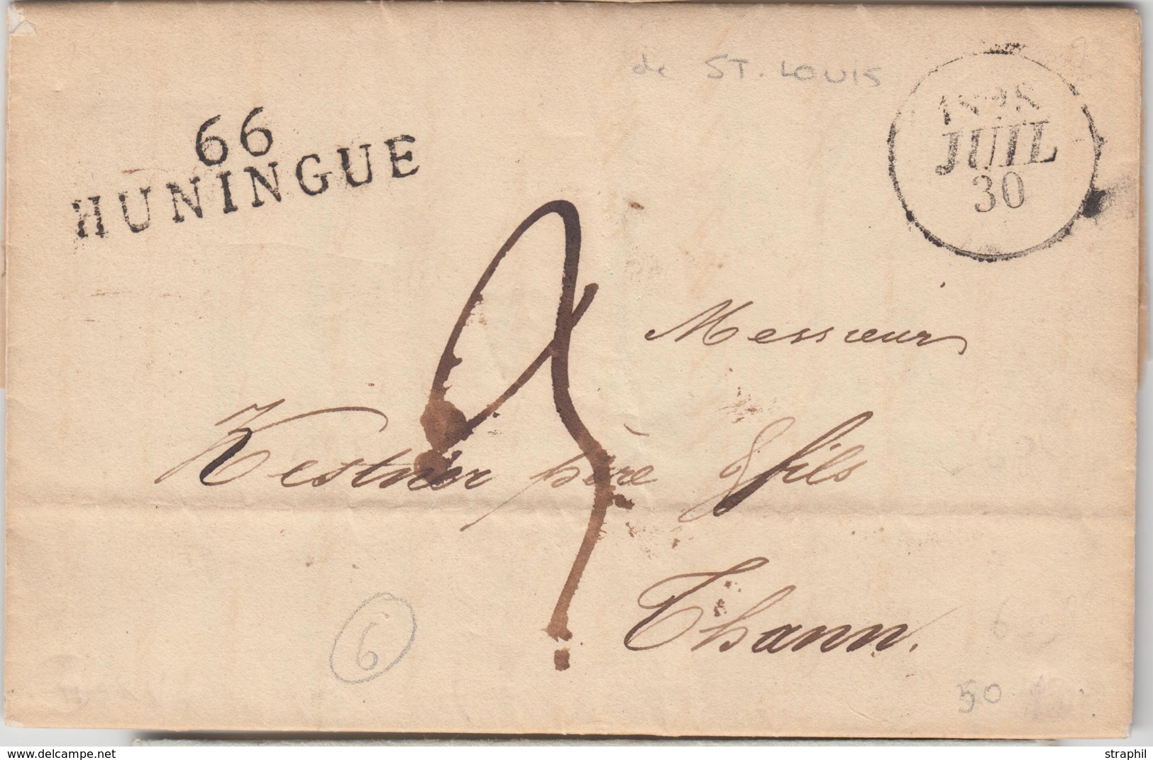 LAC 66 Huningue - 40x11 + Dateur Inversé - 1828 Juil 30 - Pli De St Louis - Pr Thann - TB - Lettres & Documents