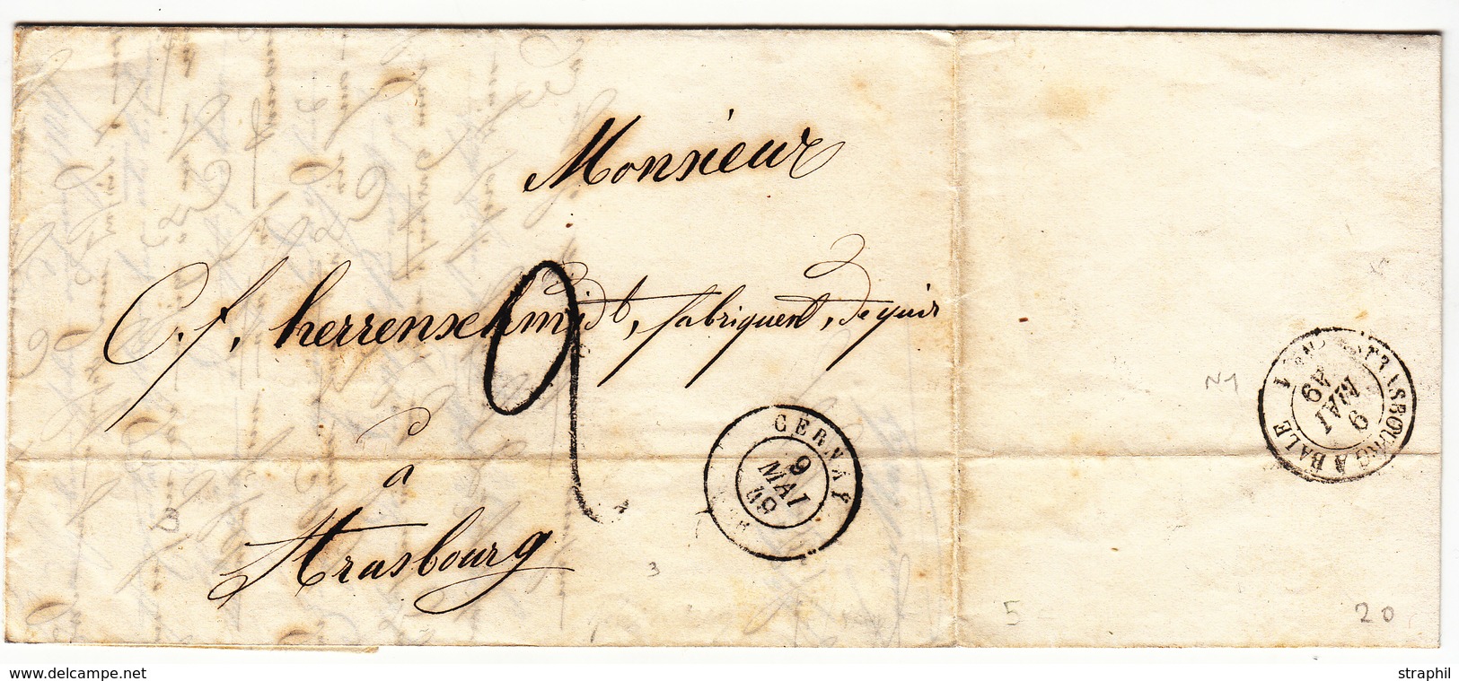 LAC T15 Cernay - 1849 - Pour Strasbourg - Taxe 2 Tampon - Verso Strasbourg à Bâle N°1 - TB - Briefe U. Dokumente