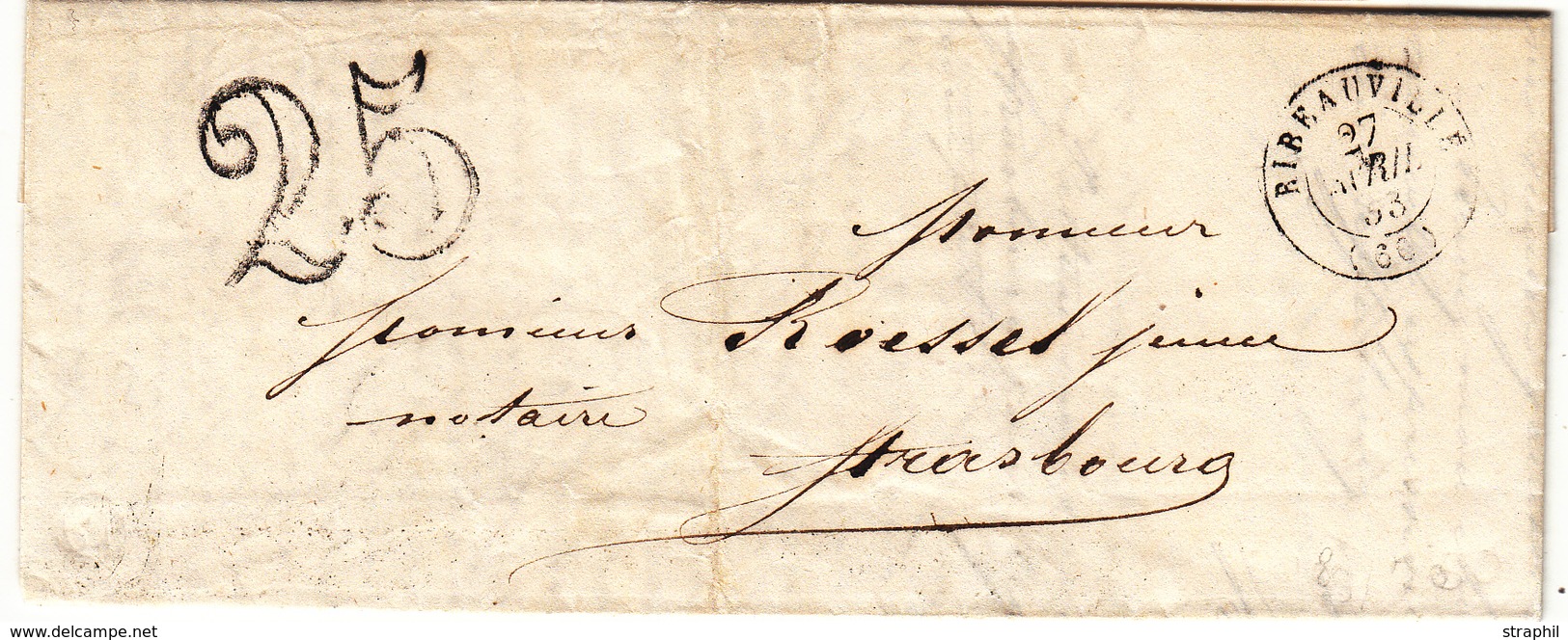 LAC T15 Ribeauvillé - 1853 - Pour Strasbourg - Taxe 25 Dt - TB - Cartas & Documentos