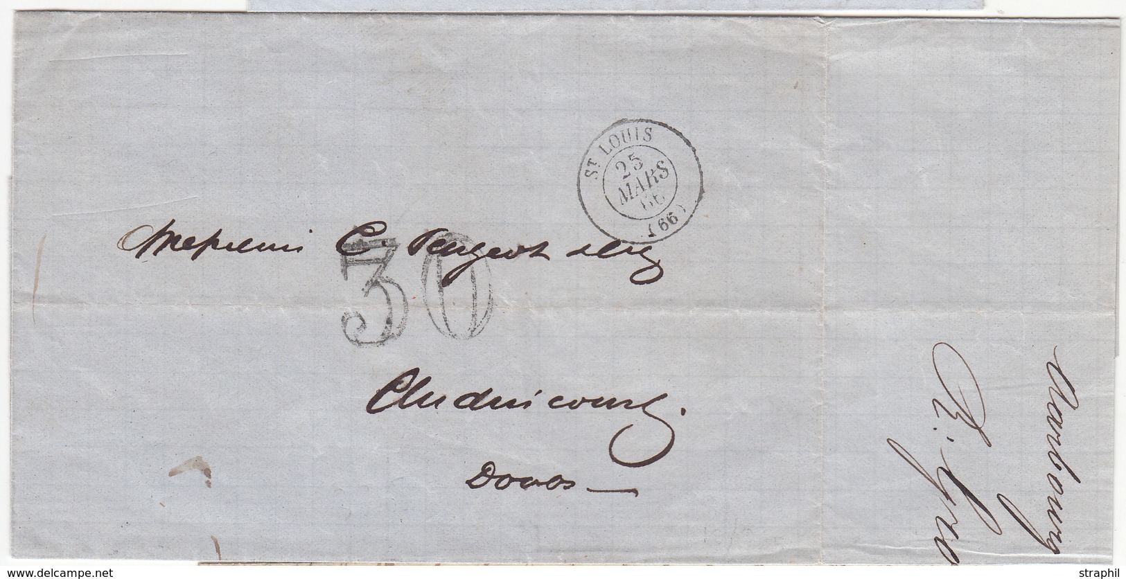 LAC St Louis - 1866 - De Aarbourg à Audincourt - Taxe 30 Dt - TB - Cartas & Documentos