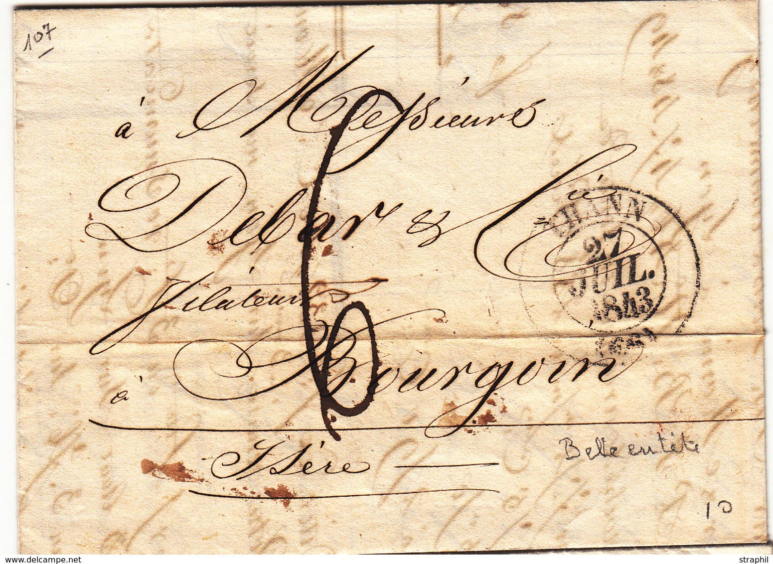 LAC Thann - 27/Juil/1843 - T13 + Taxe Manus 6 - B/TB - Lettres & Documents