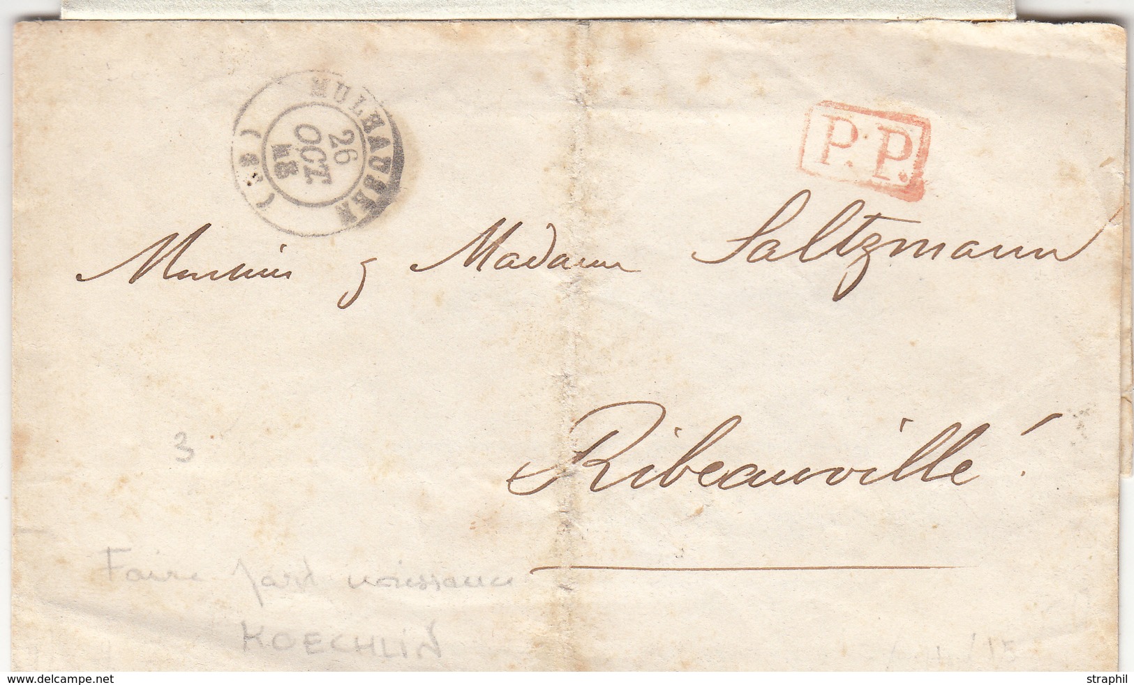 LAC P.P. Encadré Rge - T15 Mulhausen - Pr Ribeauvillé - 1848 - Faire Part Naissance Koechlin - TB - Covers & Documents