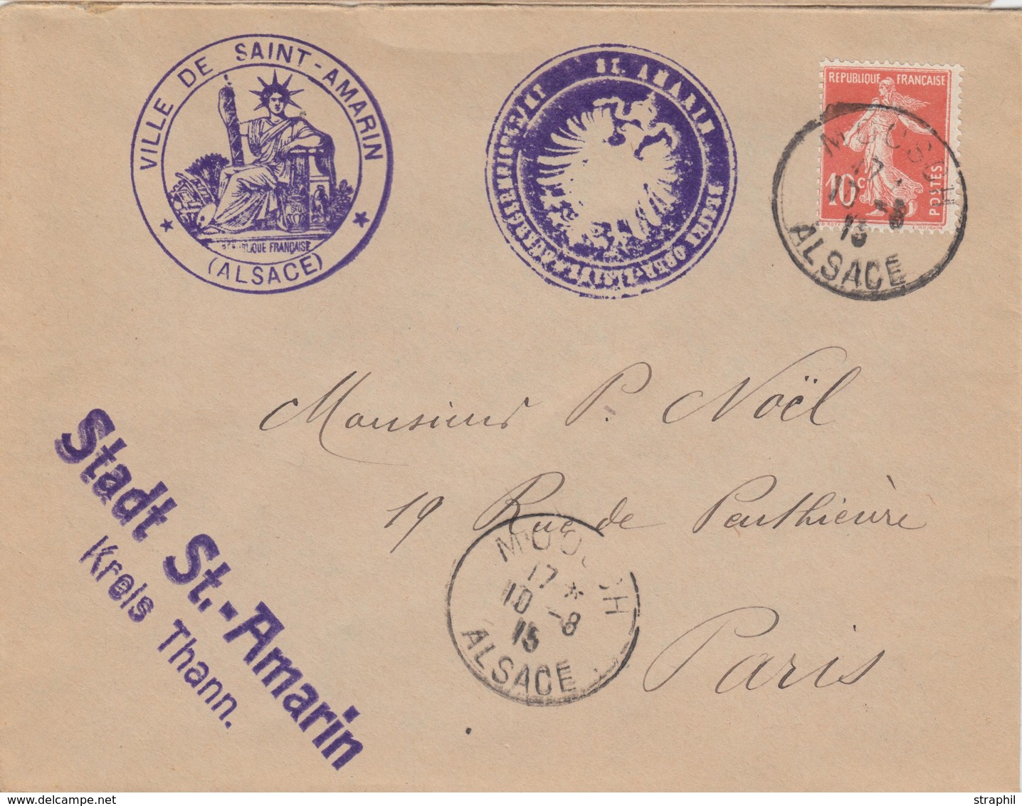 L N°134 - Moosch Alsace - 10/8/15 - Cachet Mairie St Amarin Français Et Allemand - TB - Covers & Documents