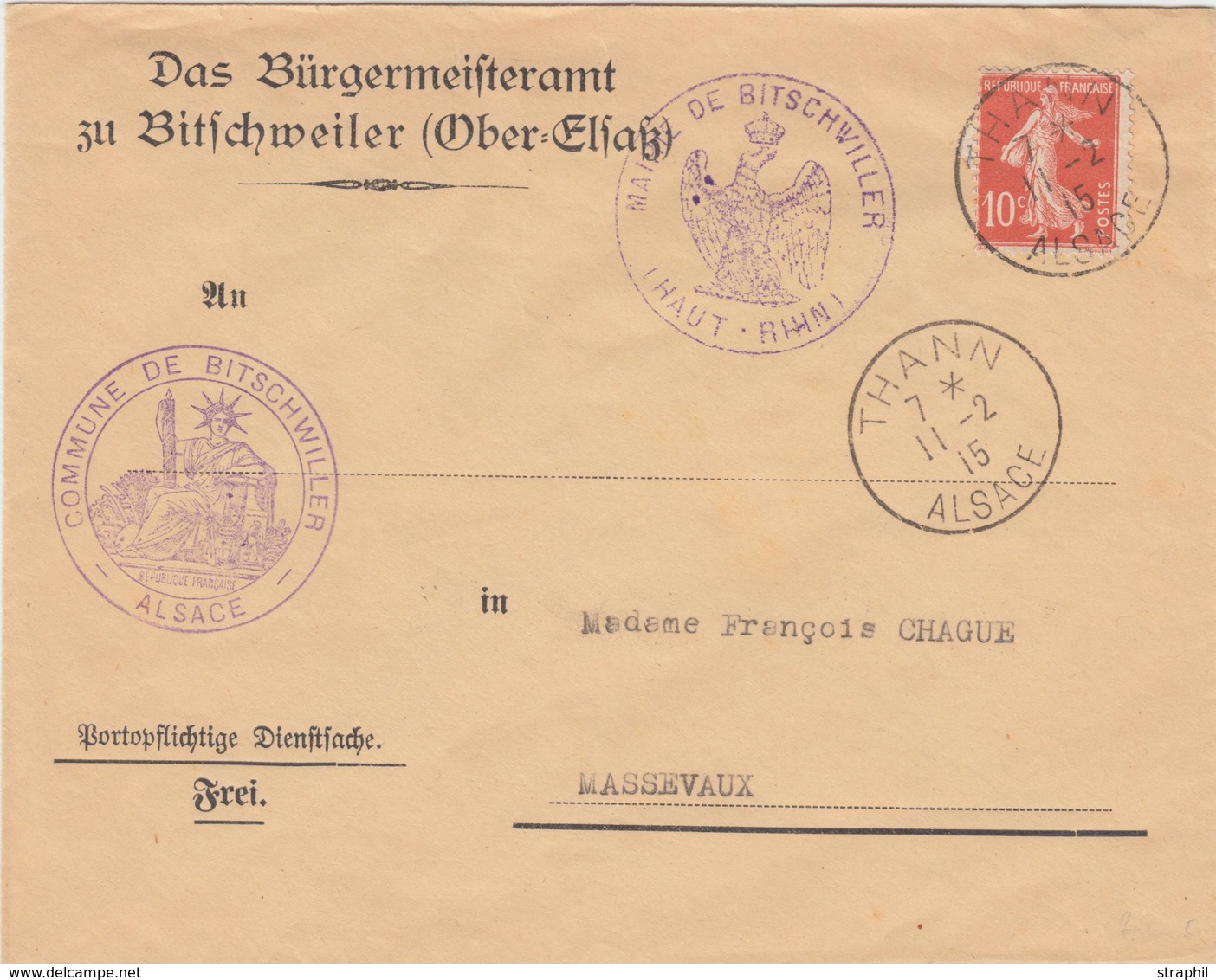 L N°134 - Thann Alsace - 11/2/15 - Cachet Mairie Français Bitschwiller - S/l 6 ENT¨TE Allemande - TB - Lettres & Documents