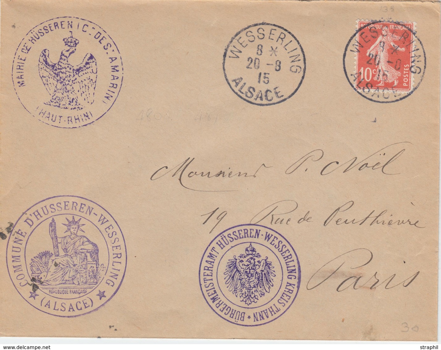 L N°134 - Wesserling Alsace - 20/8/15 - Cachet Mairie Français Et Alld De Hüsseren - TB - Covers & Documents