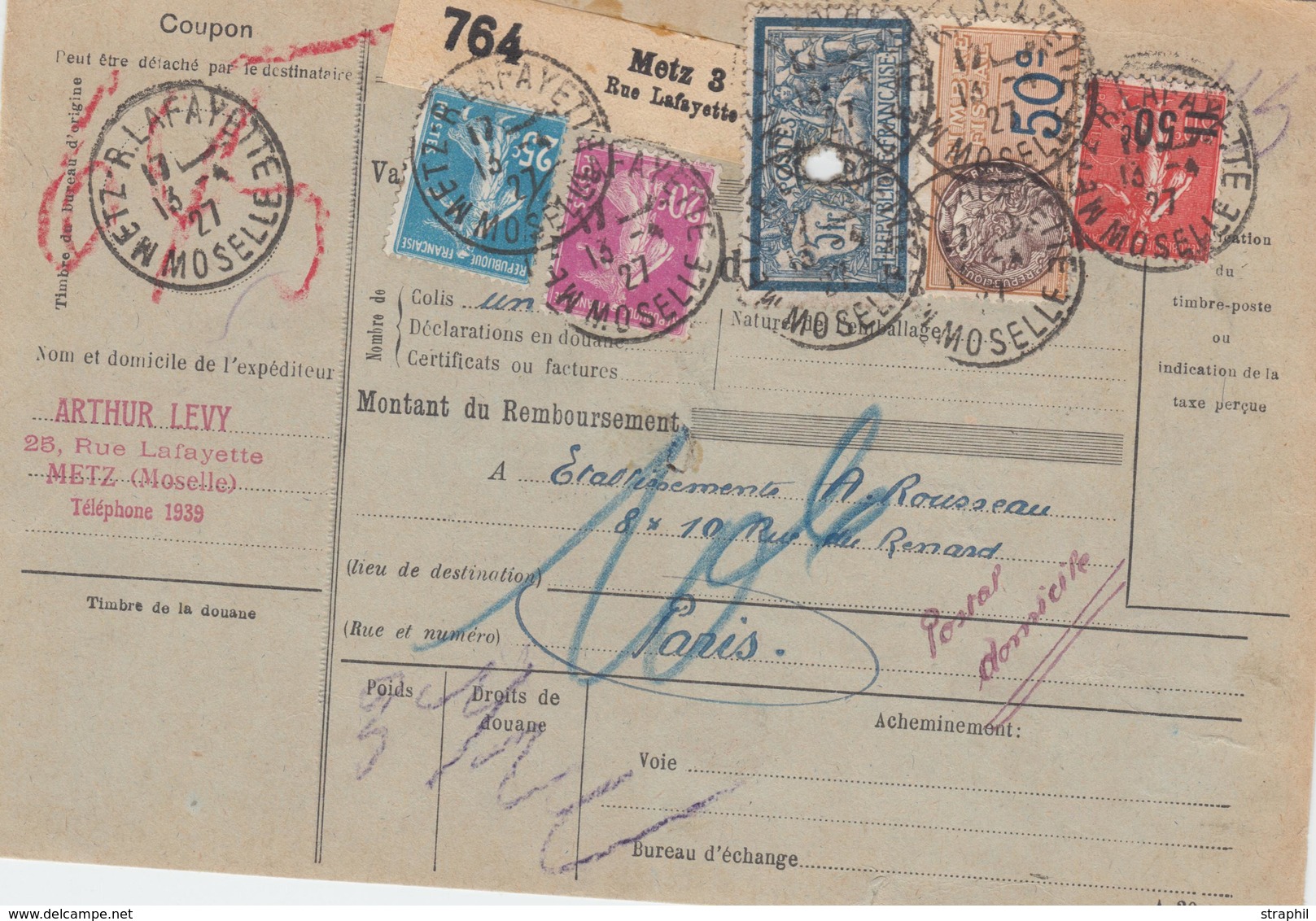 BE De METZ - Pr Paris - 13/4/27 - Afft N°123, 140, 190, 220 + Fiscal - B/TB - Covers & Documents