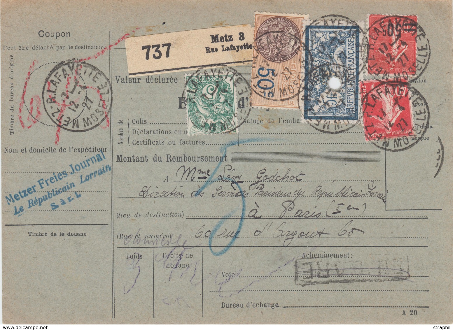 BE De METZ - Pr Paris - 12/4/27 - Afft N°111, 123, 194, 220 + Fiscal - TB - Cartas & Documentos