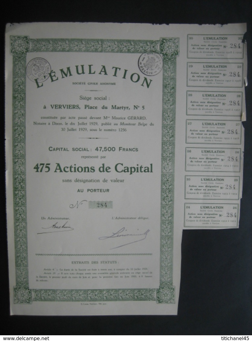 Action De Capital De 1929 VERVIERS - L'EMULATION - Autres & Non Classés