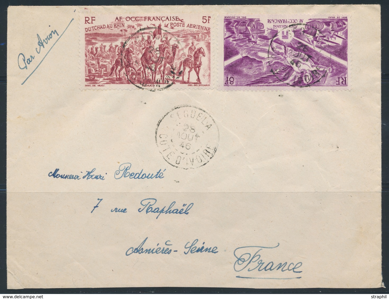 L PA N°4, 5 - Obl. Seguela (Côte D'Ivoire) + PA N°5 X2 - Obl. Abidjan - 2 Plis Datés 1946 - TB - Autres & Non Classés