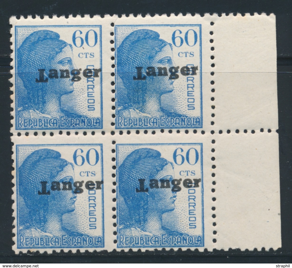 ** N°288 - 60c Bleu - Bloc De 4 - BDF - "T" De Tanger Renversé - Léger Pt De Rousseur - Spanish Morocco