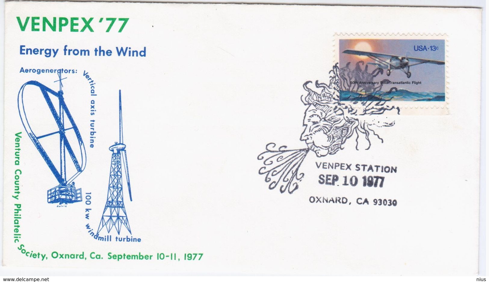 USA United States 1977 FDC VENPEX'77, Energy From The Wind, Windmill Turbine, Aerogenerator, Canceled In Oxnard, Plane - 1971-1980