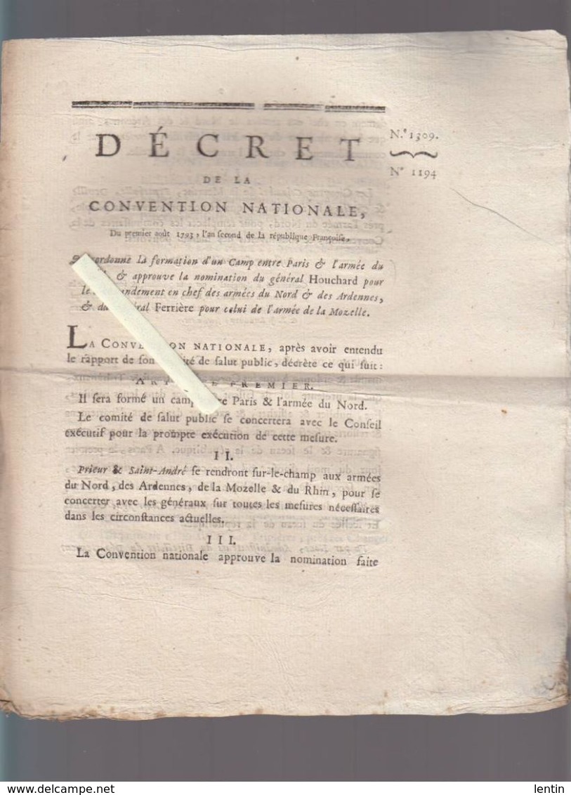 Histoire - Décret De La Convention 1793 - Formation D'un Camp Entre Paris Et L'Armée Du Nord, Général Houchard - Documents Historiques