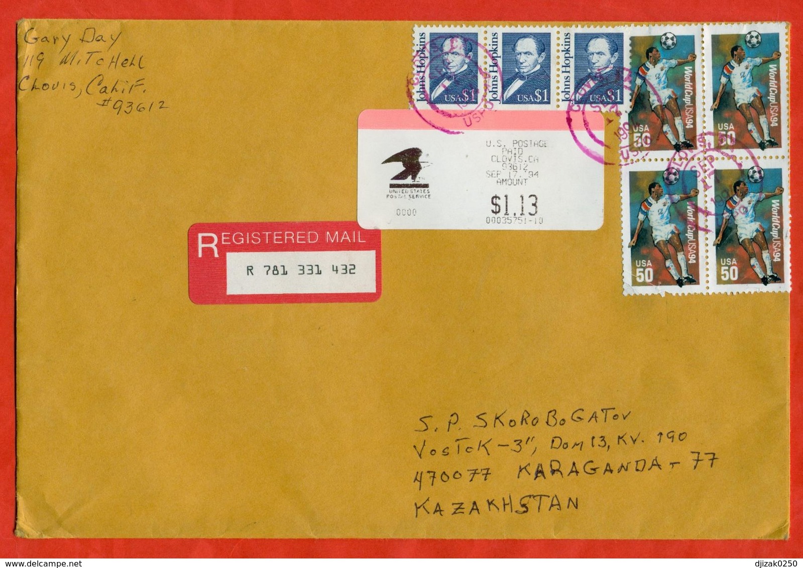 USA 1994.Football. Registered Envelope Passed The Mail. - Covers & Documents