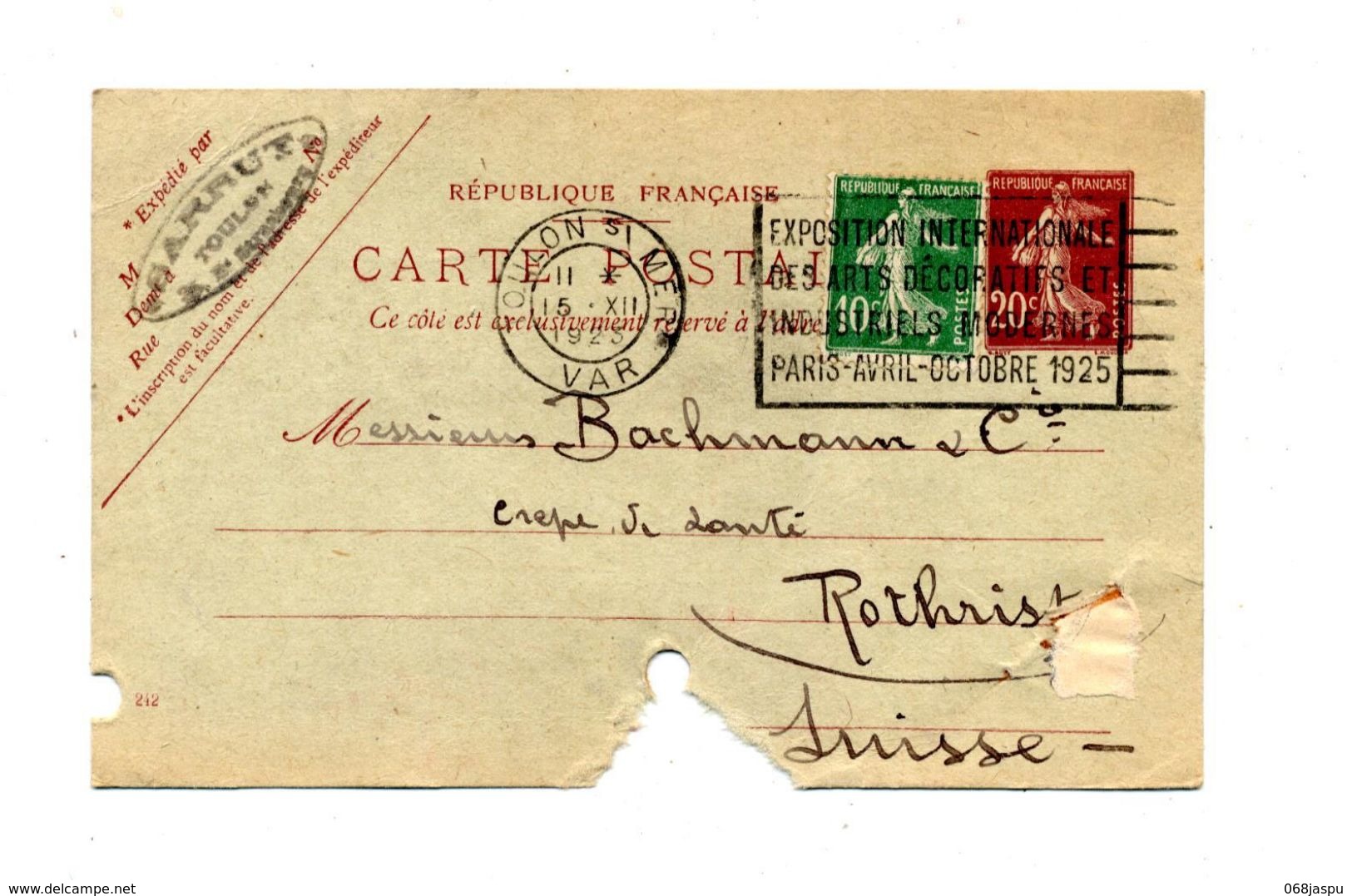 Carte Postale 20 C + Timbre Semeuse Flamme Toulon Expo Art Decoratif - Cartoline Postali E Su Commissione Privata TSC (ante 1995)