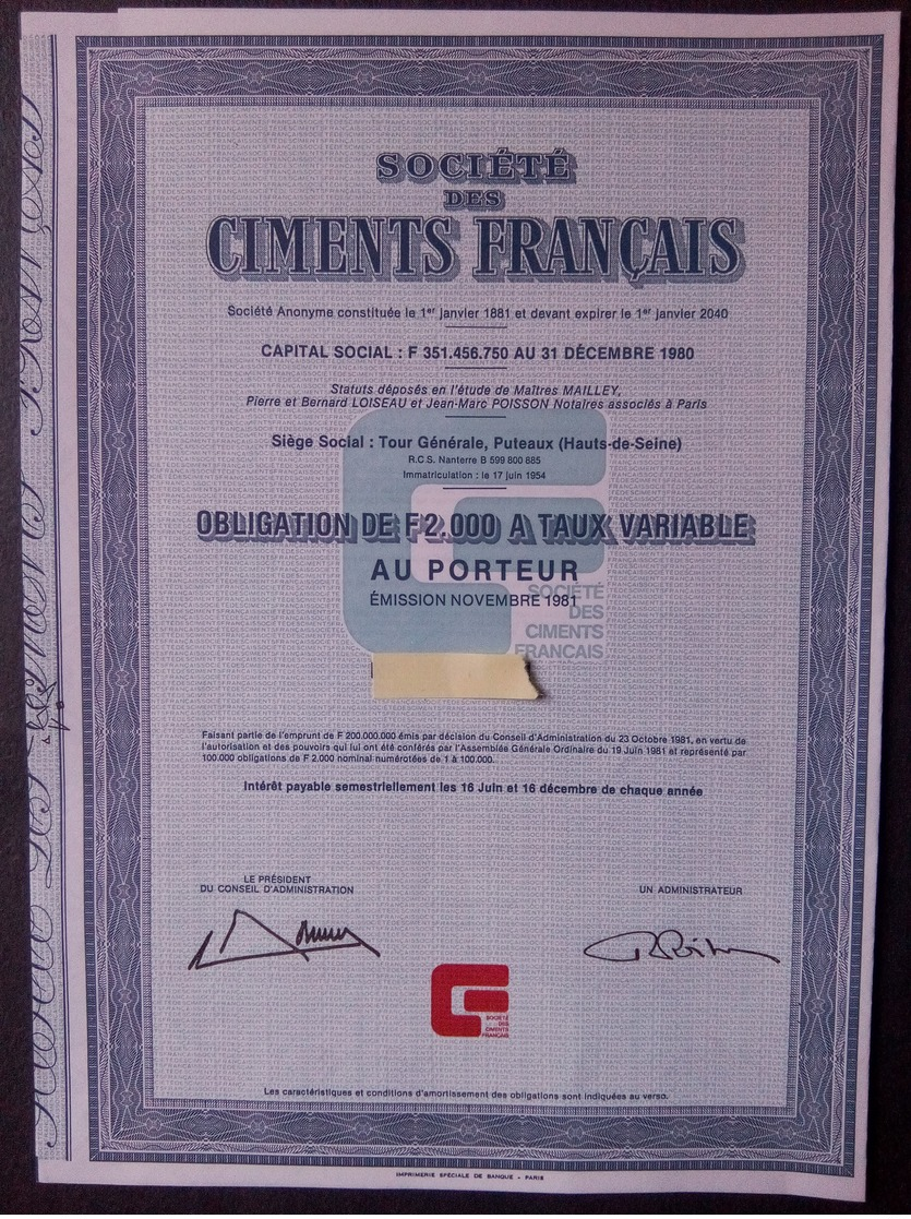 1 Sté Ciments Français 1981 Obligation 2.000 F - Other & Unclassified