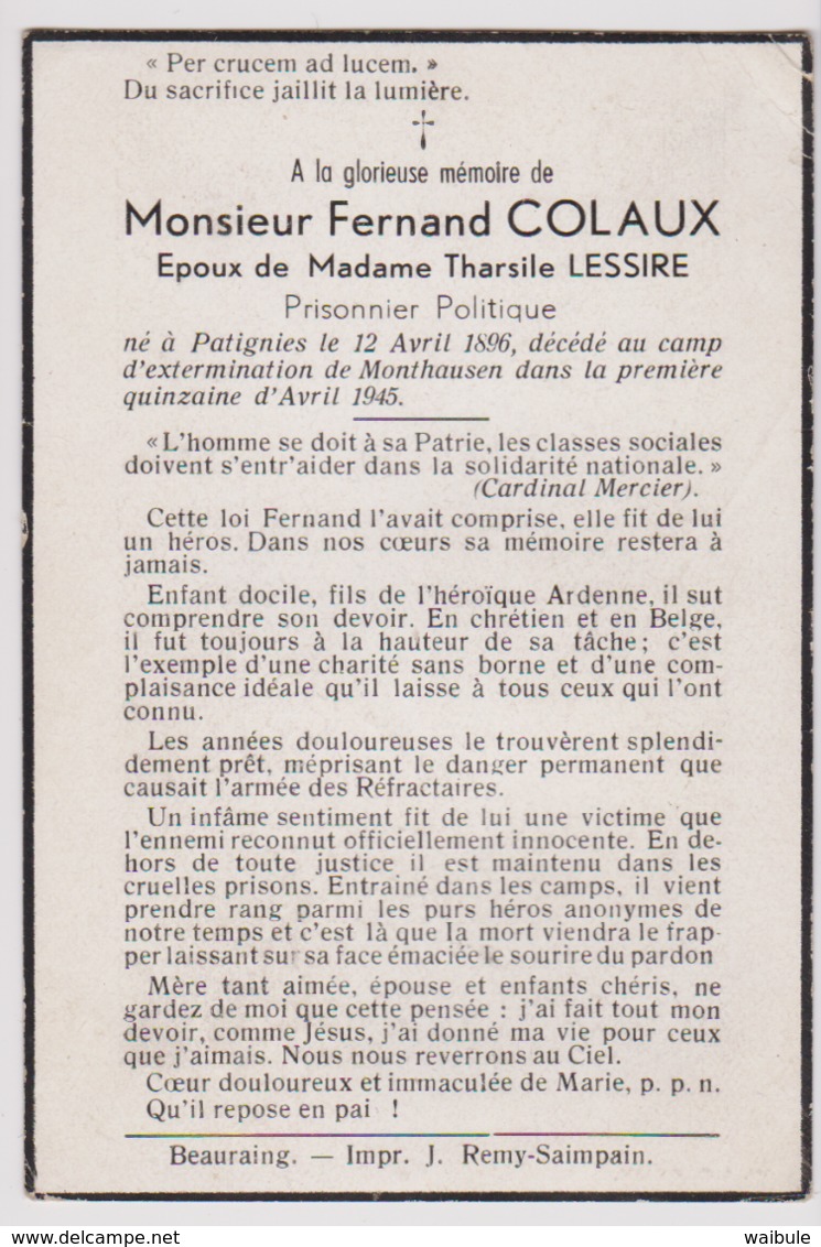 Souvenir Colaux (Patignies Gedinne) Résistant AS Exterminé Camp Concentration Monthausen - Cartes Postales 1934-1951